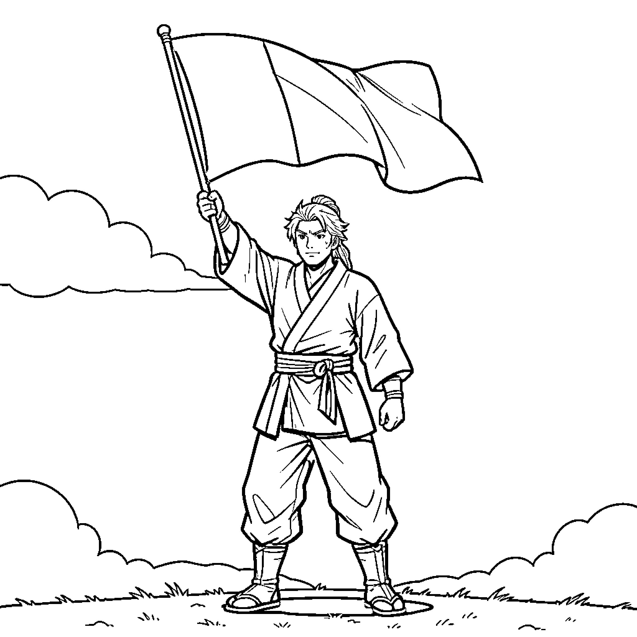 Sangoku standing heroically while holding a large flag Coloring Page (free black-and-white line drawing printable PDF for all, from beginners to advanced learners, including children, teens, adults, and seniors)