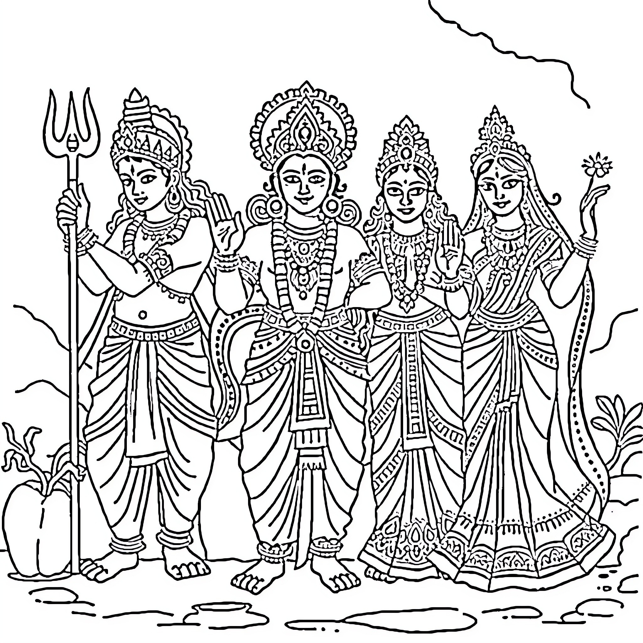 Mythological Characters in Ceremonial Attire Coloring Page (free black-and-white line drawing printable PDF for all, from beginners to advanced learners, including children, teens, adults, and seniors)