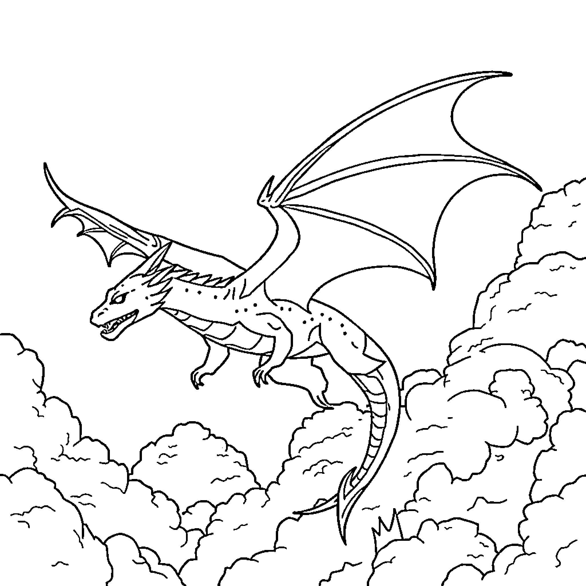 Dragon soaring majestically through the clouds Coloring Page (free black-and-white line drawing printable PDF for all, from beginners to advanced learners, including children, teens, adults, and seniors)