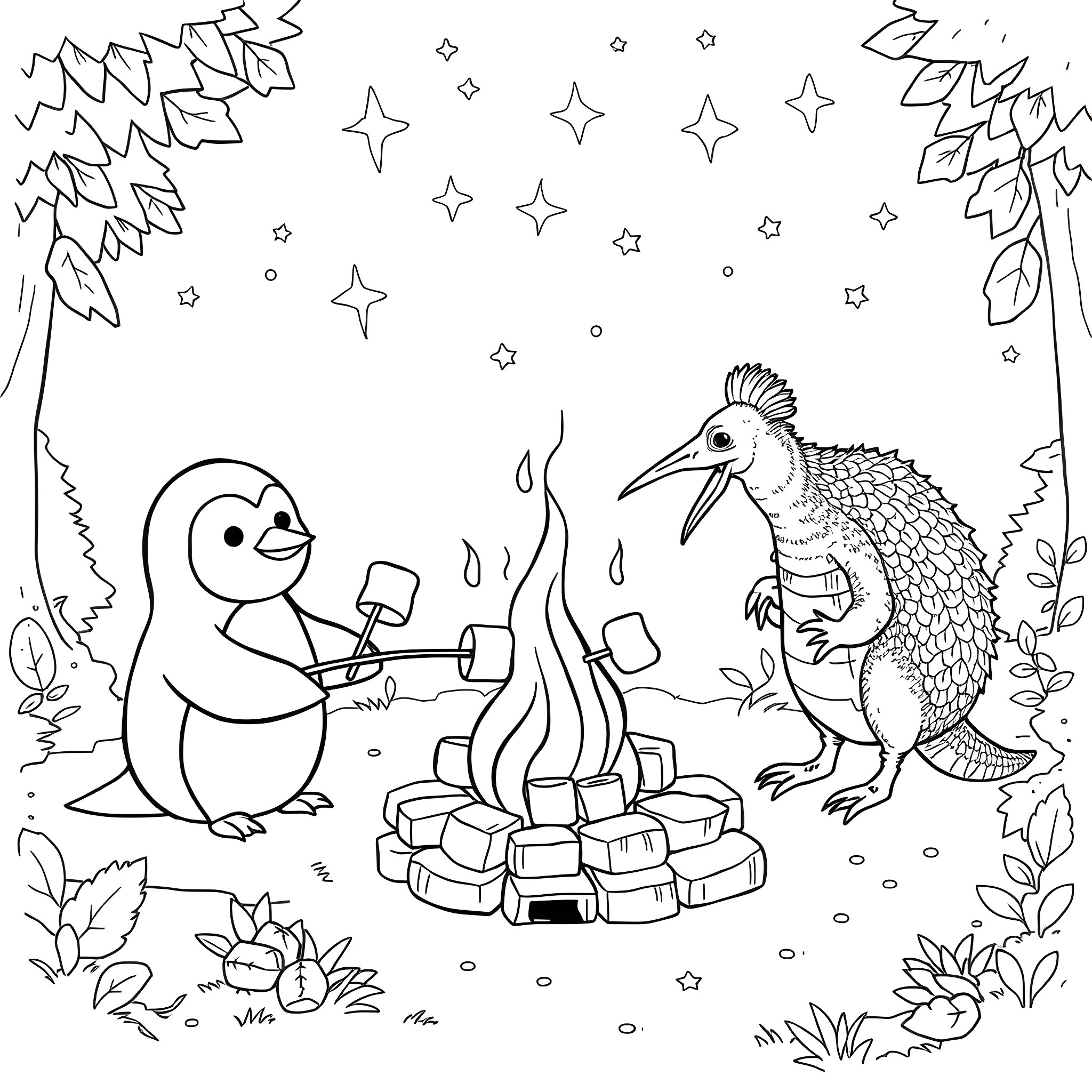 Penguin and anteater cooking by campfire in the forest Coloring Page (free black-and-white line drawing printable PDF for all, from beginners to advanced learners, including children, teens, adults, and seniors)