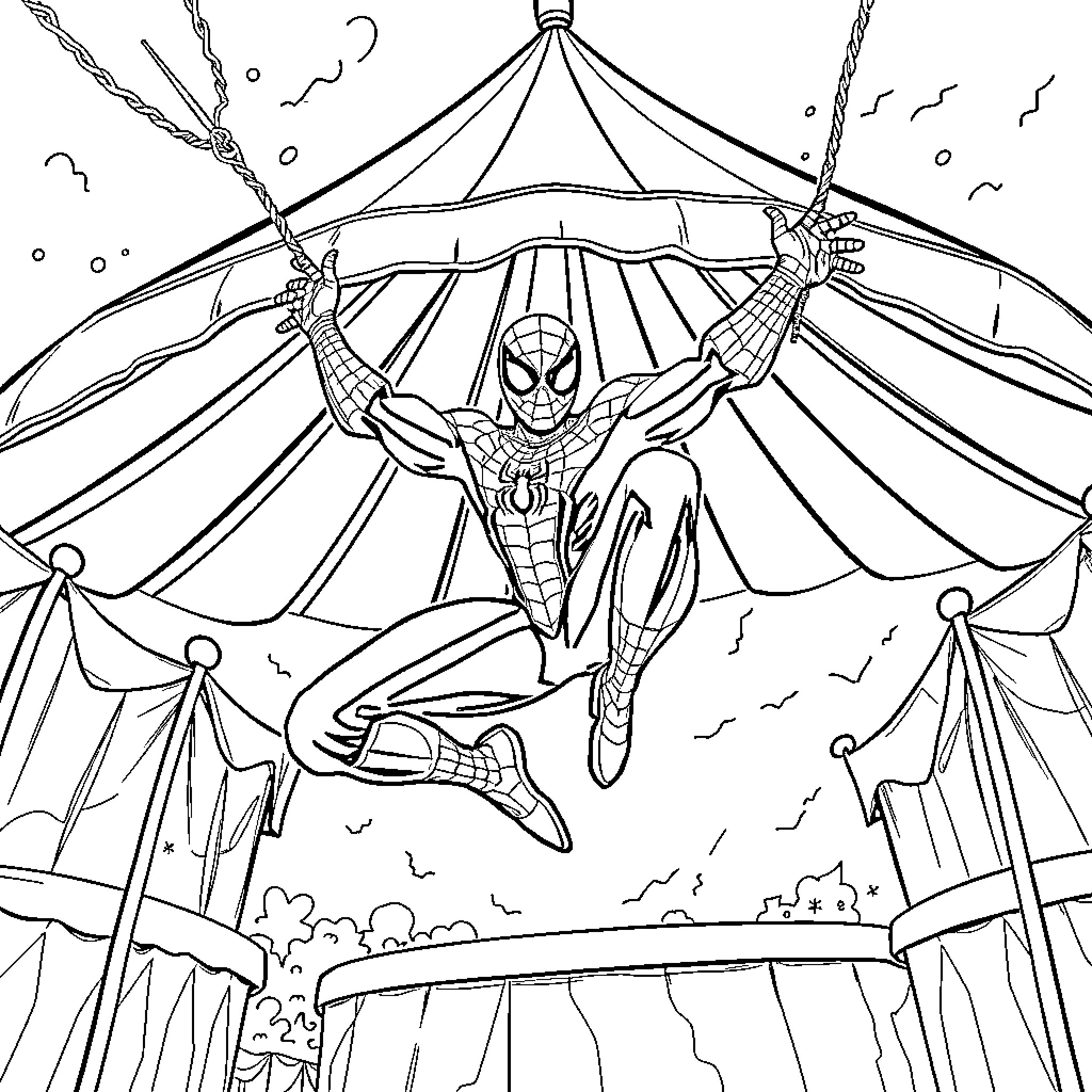 Spiderman swinging through the circus tent Coloring Page (free black-and-white line drawing printable PDF for all, from beginners to advanced learners, including children, teens, adults, and seniors)