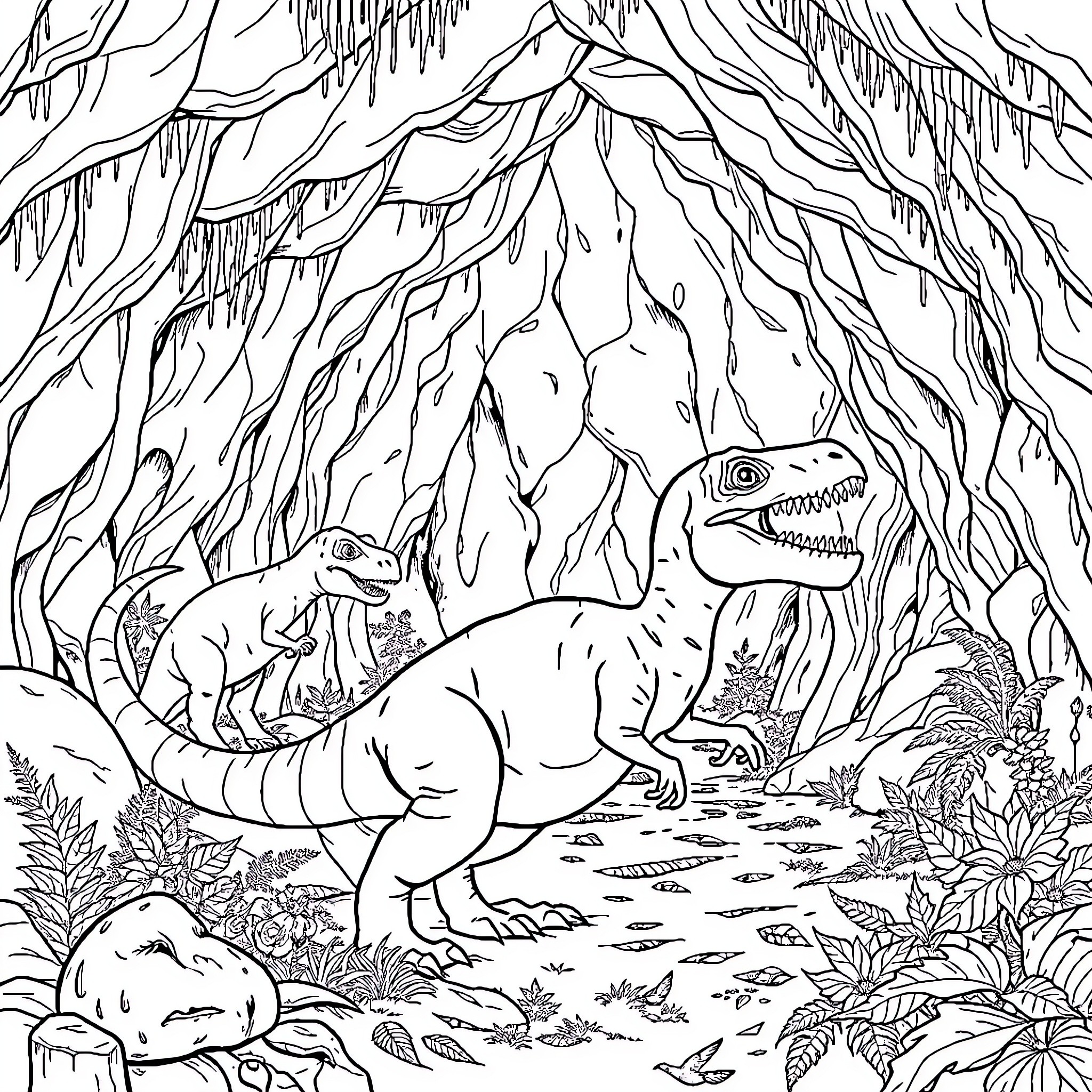 Prehistory in the Jurassic Landscape Coloring Page (free black-and-white line drawing printable PDF for all, from beginners to advanced learners, including children, teens, adults, and seniors)