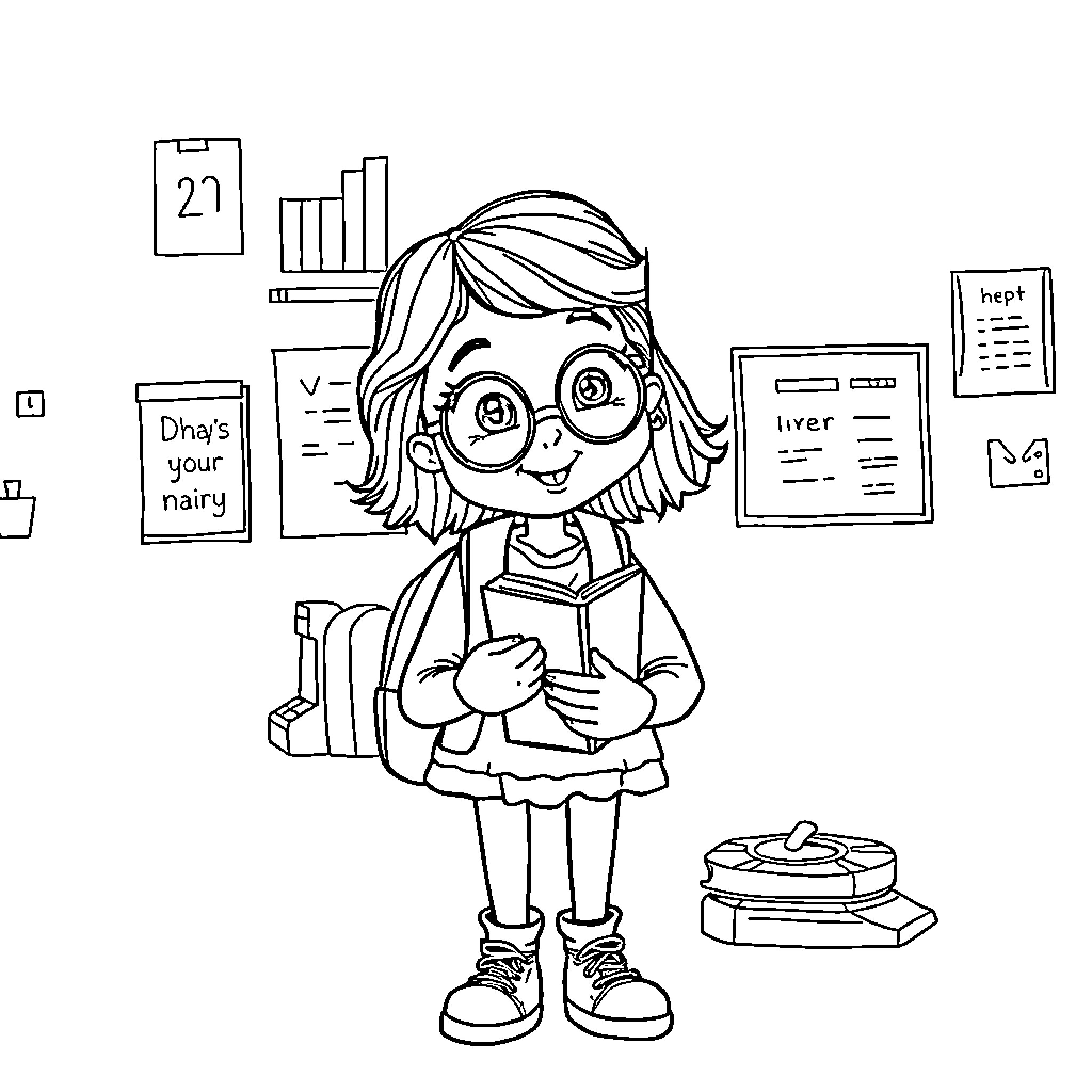 Nikki Maxwell studying diligently in her room Coloring Page (free black-and-white line drawing printable PDF for all, from beginners to advanced learners, including children, teens, adults, and seniors)