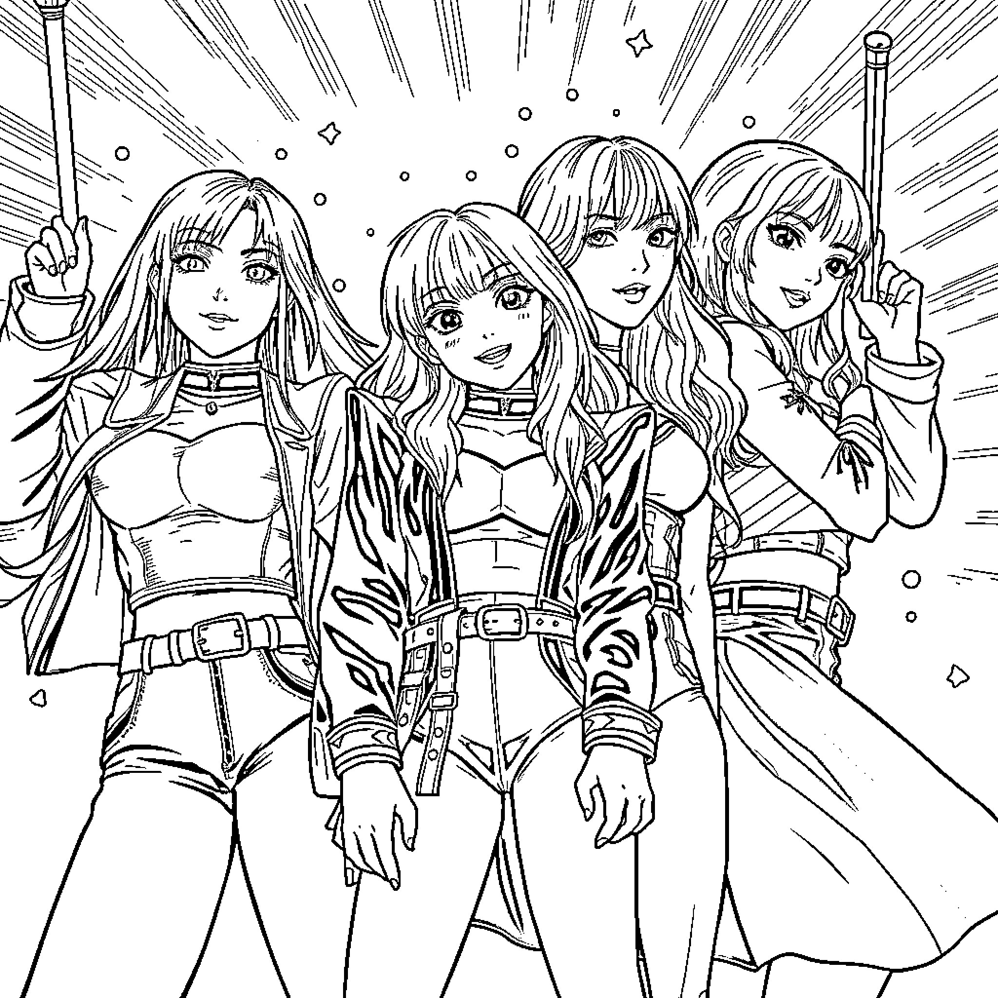 K Pop Warrior Fiery Heroines in Action Coloring Page (free black-and-white line drawing printable PDF for all, from beginners to advanced learners, including children, teens, adults, and seniors)
