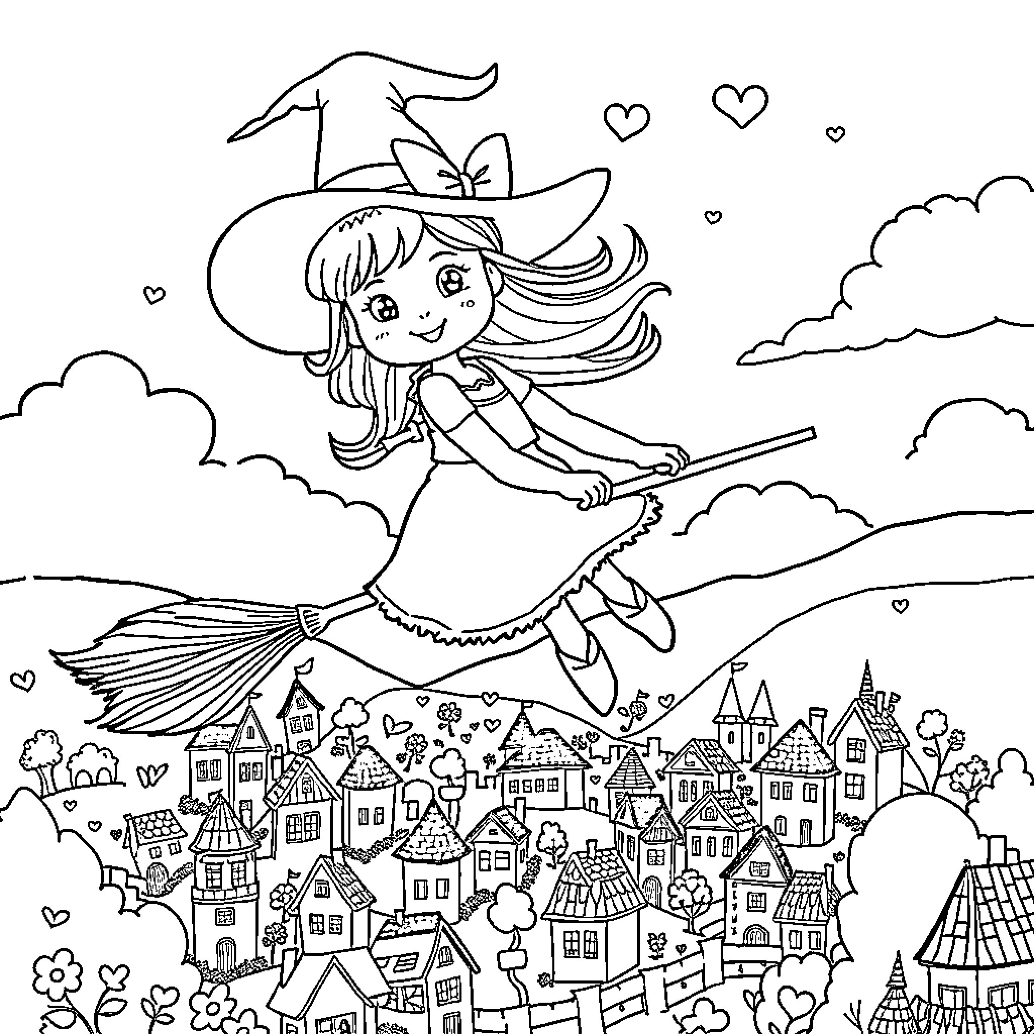 Kiki soaring over a whimsical town on her broomstick Coloring Page (free black-and-white line drawing printable PDF for all, from beginners to advanced learners, including children, teens, adults, and seniors)