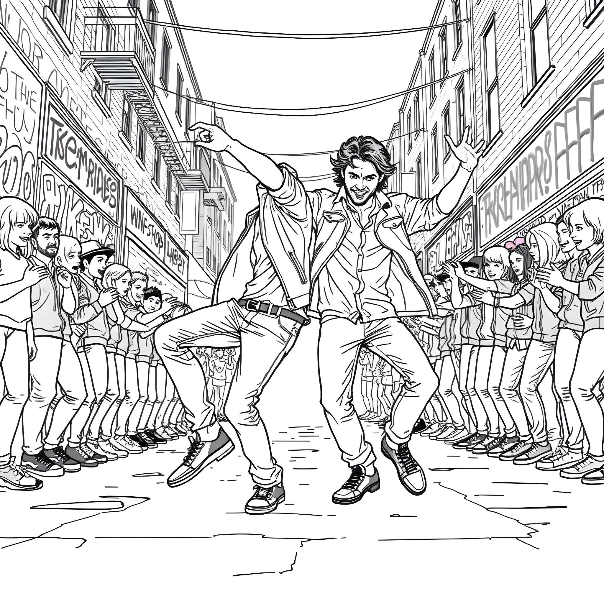 Sam and Dean Winchester Celebrating with Fans in the Street Coloring Page (free black-and-white line drawing printable PDF for all, from beginners to advanced learners, including children, teens, adults, and seniors)