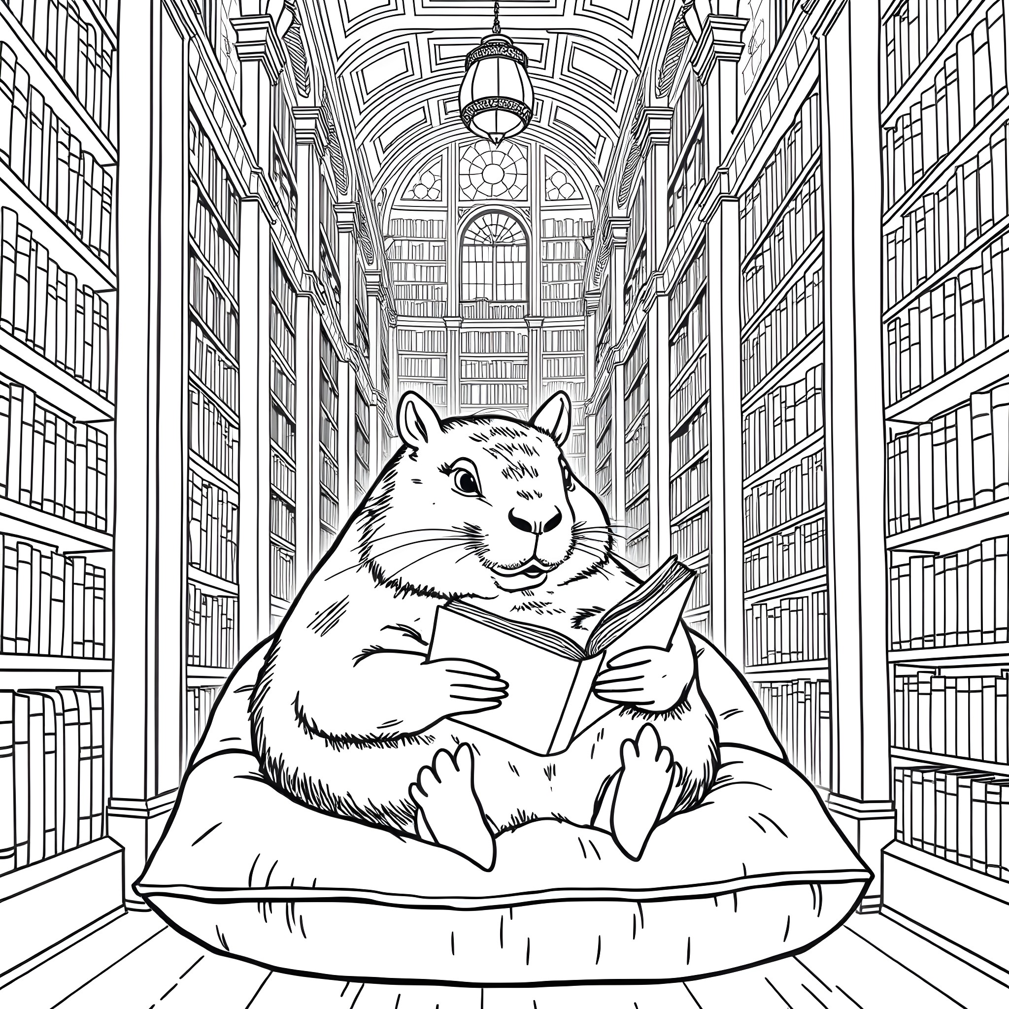 Capybara reading a book in the library Coloring Page (free black-and-white line drawing printable PDF for all, from beginners to advanced learners, including children, teens, adults, and seniors)