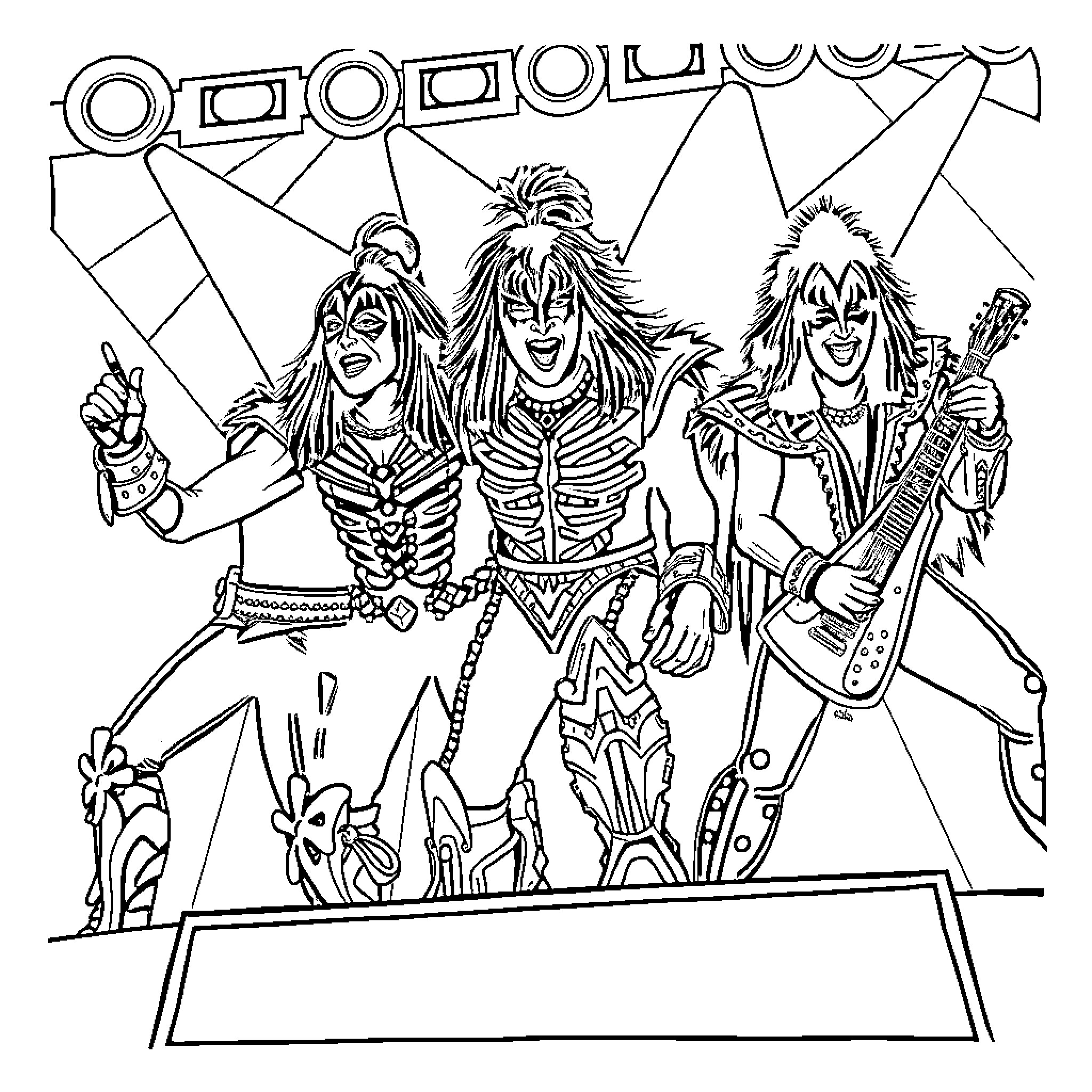 Kiss of the Rock Stars Coloring Page (free black-and-white line drawing printable PDF for all, from beginners to advanced learners, including children, teens, adults, and seniors)