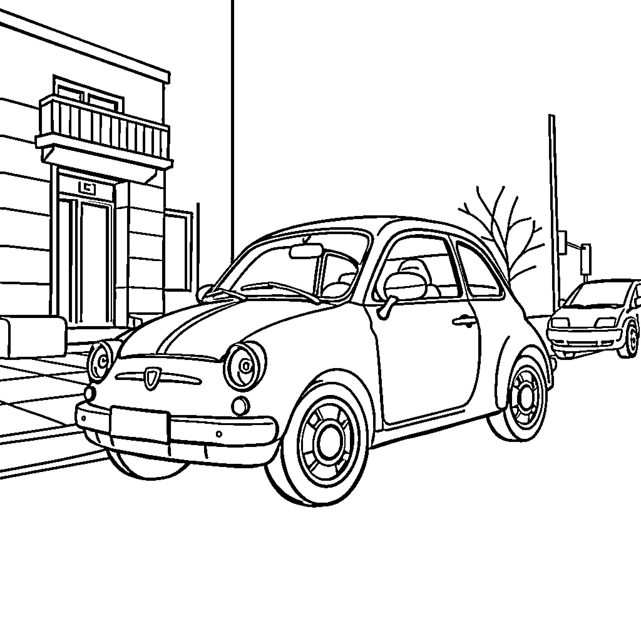 Car parked in front of building in urban setting Coloring Page (free black-and-white line drawing printable PDF for all, from beginners to advanced learners, including children, teens, adults, and seniors)