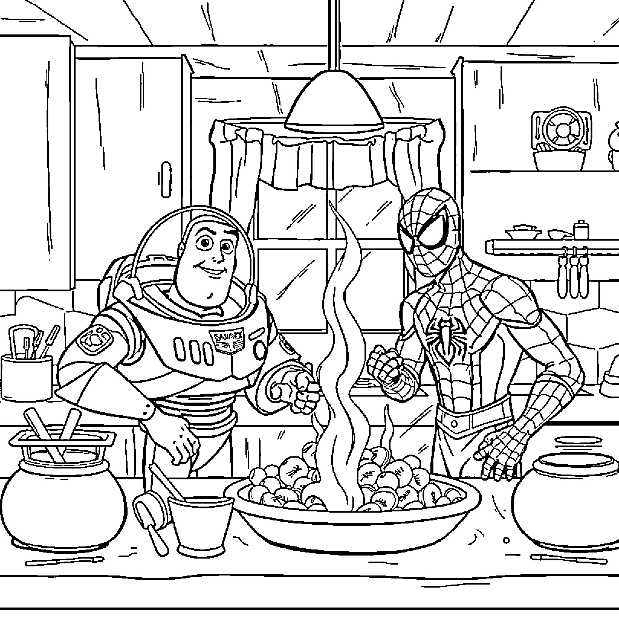 Buzz Lightyear and Spider-Man Explore a Unique Kitchen Setting Coloring Page (free black-and-white line drawing printable PDF for all, from beginners to advanced learners, including children, teens, adults, and seniors)
