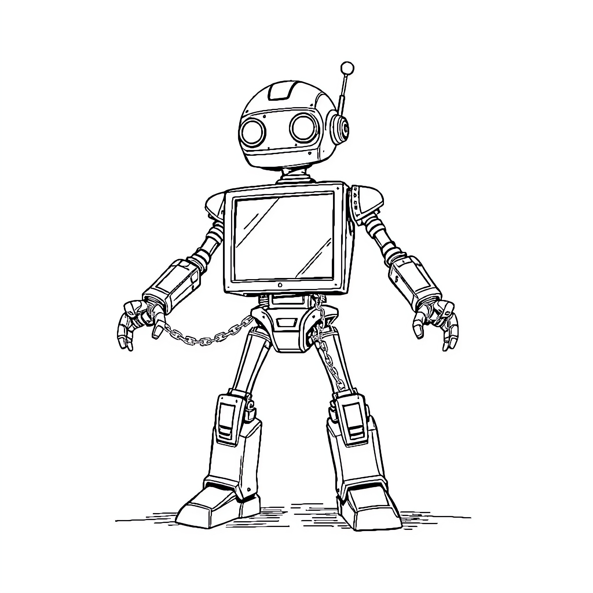 Robot standing with screen and mechanical arms Coloring Page (free black-and-white line drawing printable PDF for all, from beginners to advanced learners, including children, teens, adults, and seniors)