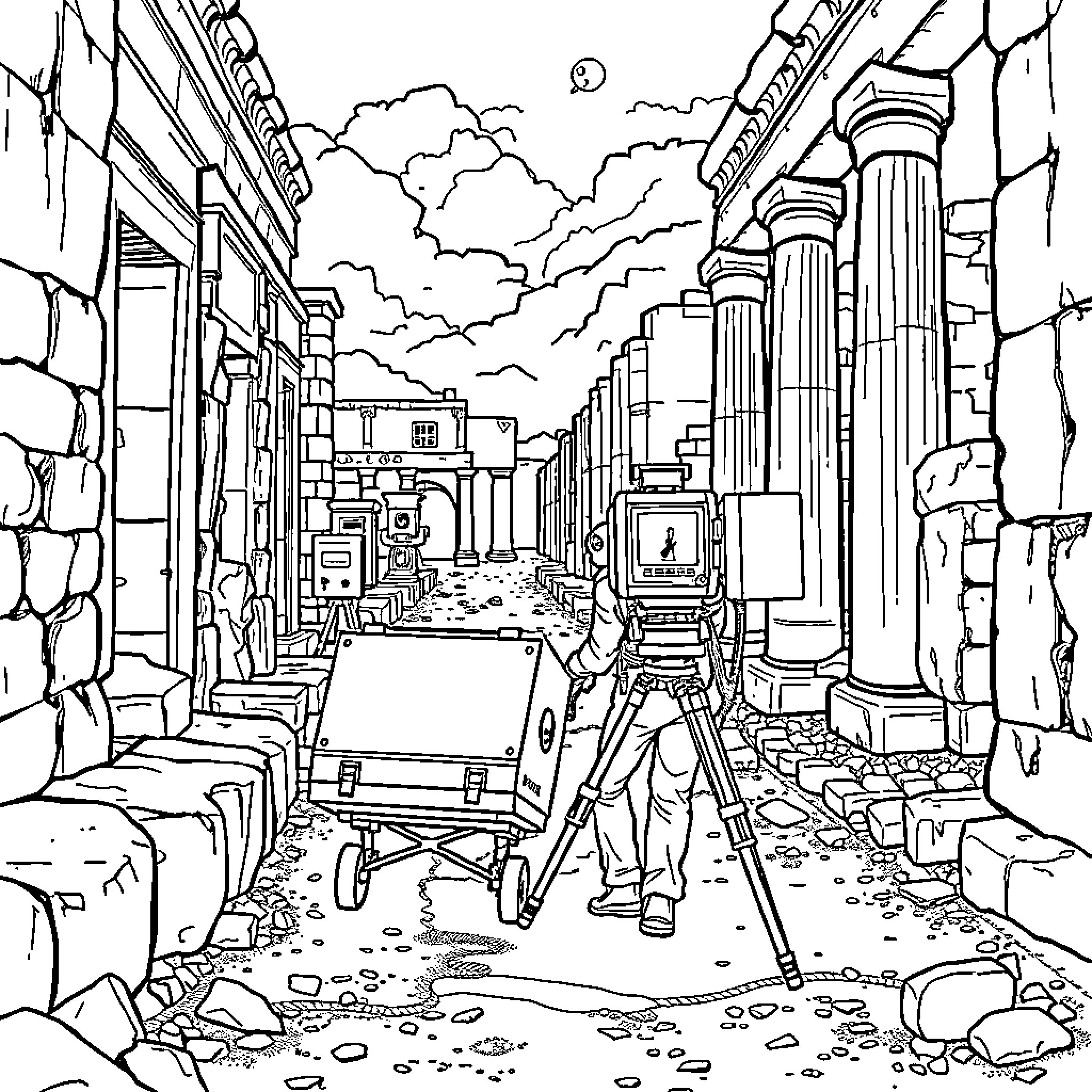 Geophysicist surveying ancient ruins in a mystical setting Coloring Page (free black-and-white line drawing printable PDF for all, from beginners to advanced learners, including children, teens, adults, and seniors)