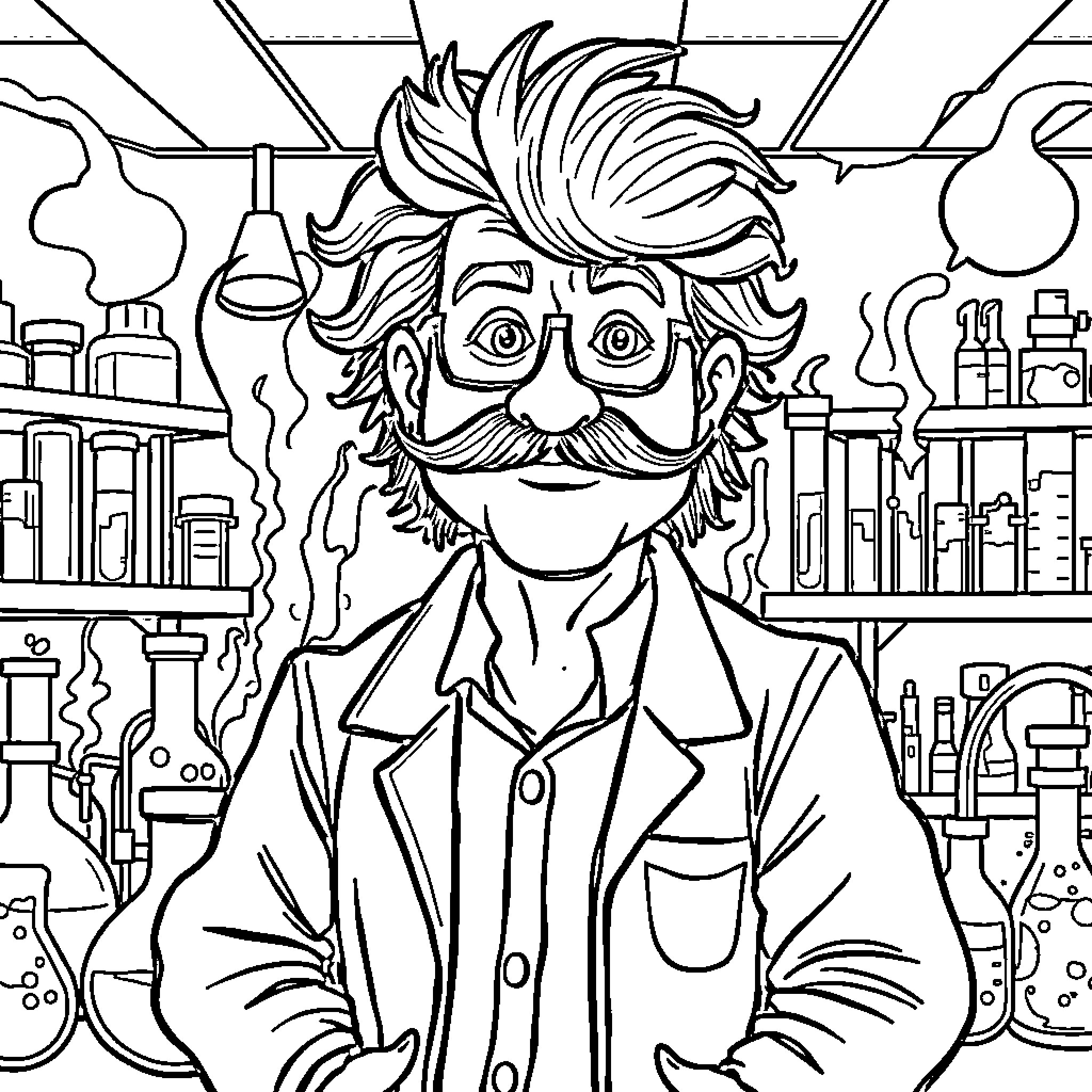 Teacher in a Whimsical Science Lab Coloring Page (free black-and-white line drawing printable PDF for all, from beginners to advanced learners, including children, teens, adults, and seniors)