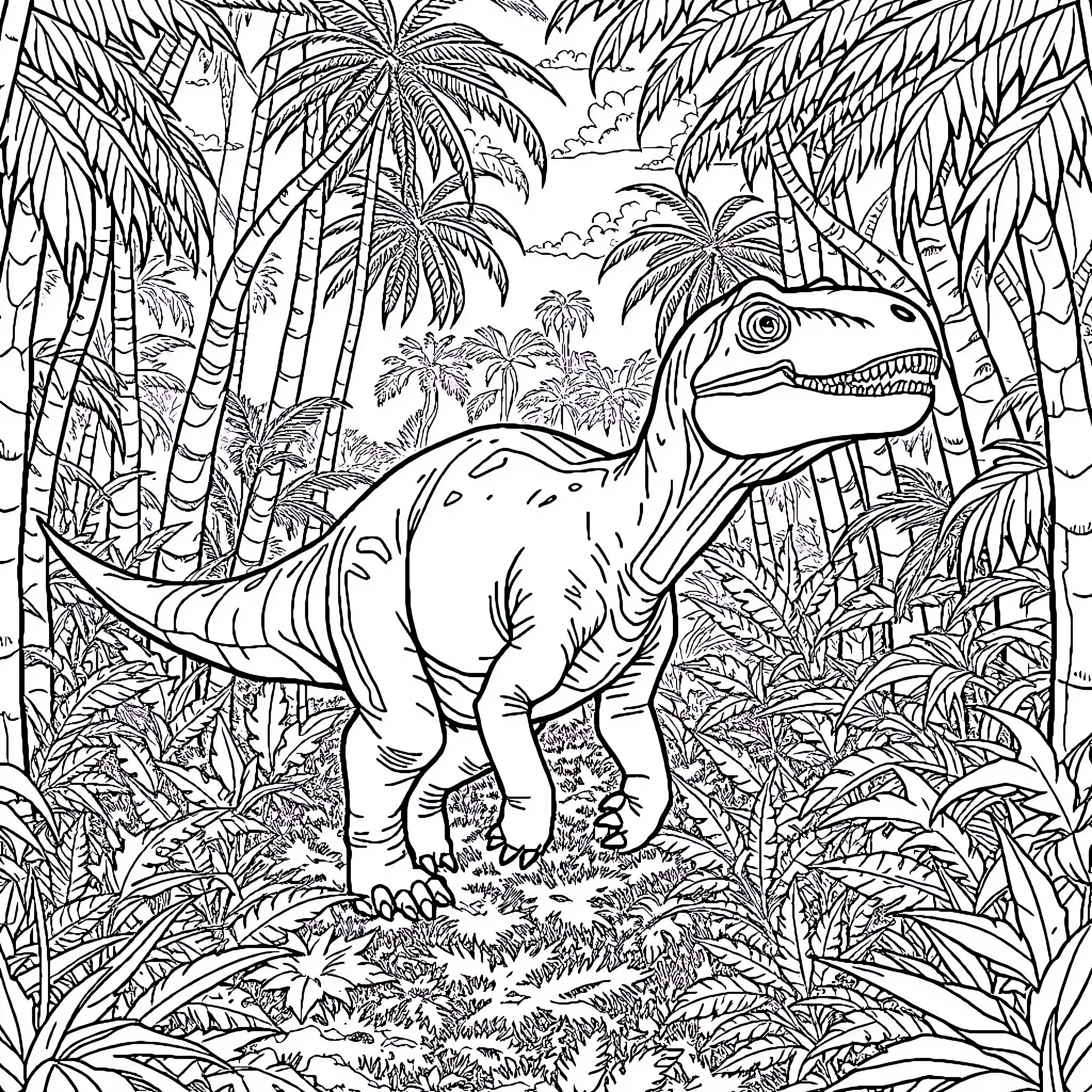 Dinosaur exploring lush tropical forest Coloring Page (free black-and-white line drawing printable PDF for all, from beginners to advanced learners, including children, teens, adults, and seniors)
