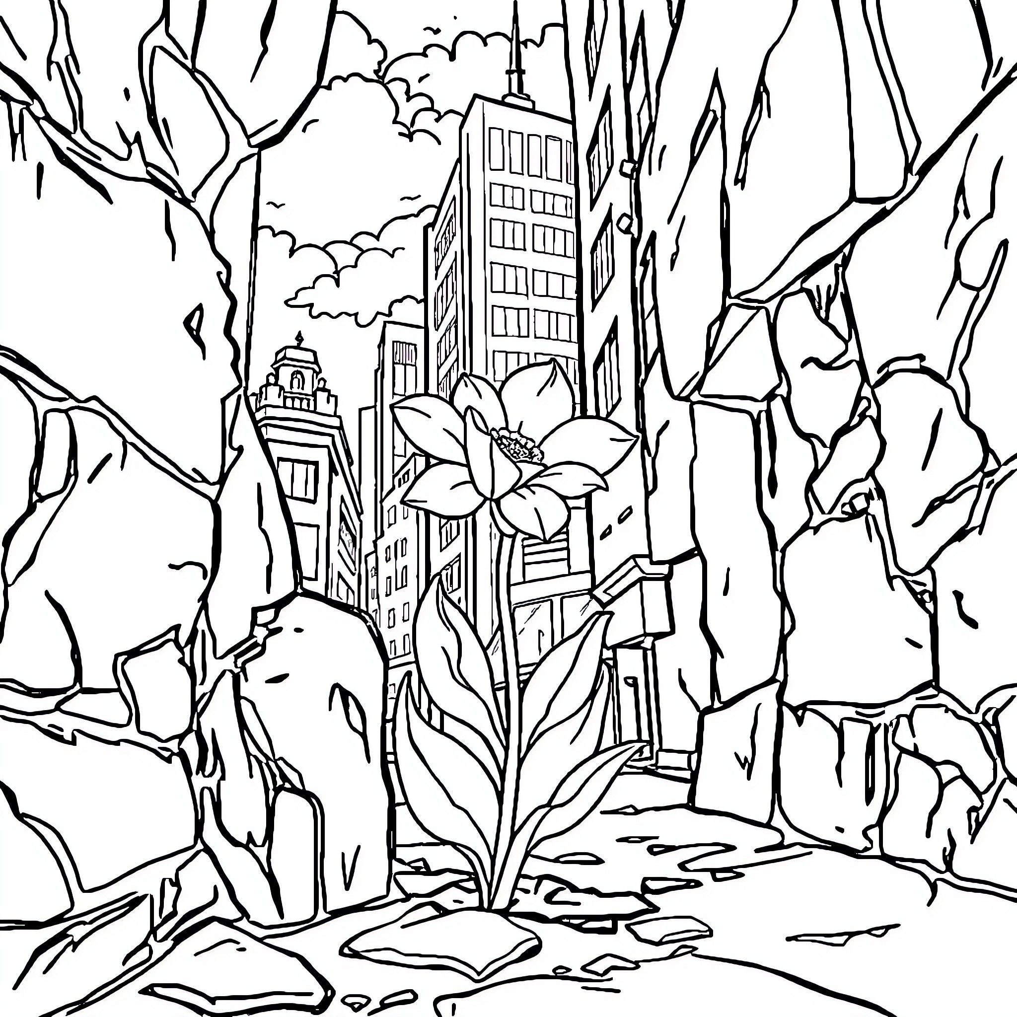 Flower Blooming in Urban Landscape Coloring Page (free black-and-white line drawing printable PDF for all, from beginners to advanced learners, including children, teens, adults, and seniors)