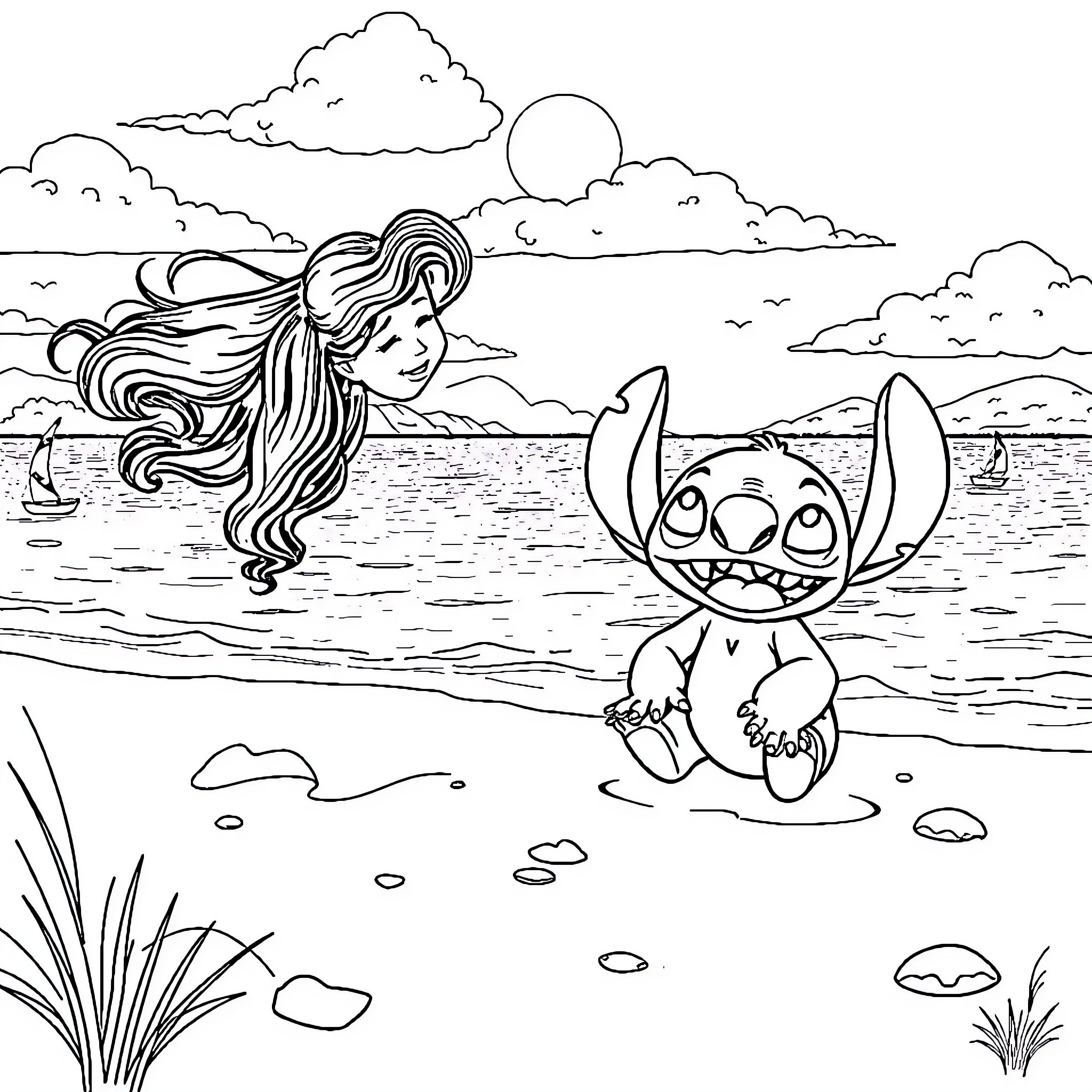 Lilo And Stitch playing at the beach Coloring Page (free black-and-white line drawing printable PDF for all, from beginners to advanced learners, including children, teens, adults, and seniors)