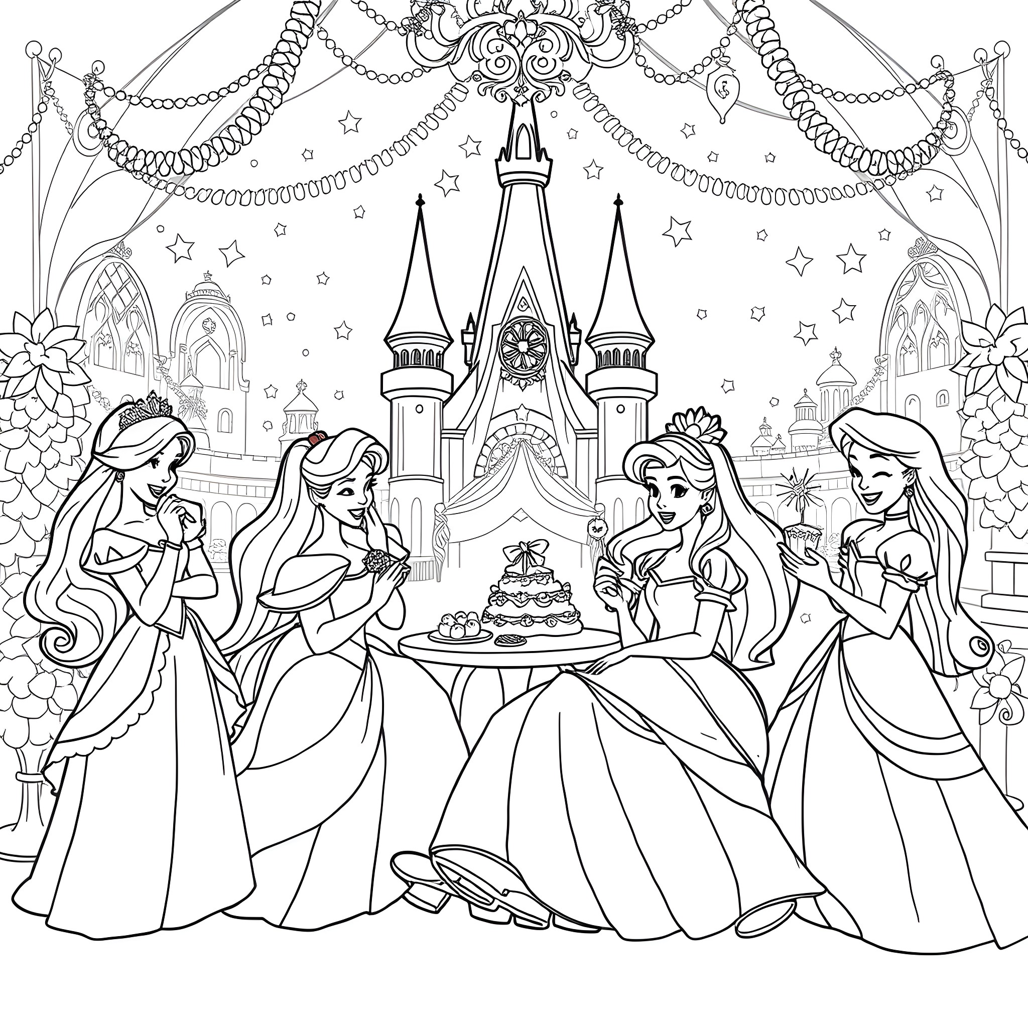 Princess Celebration in a Magical Castle Coloring Page (free black-and-white line drawing printable PDF for all, from beginners to advanced learners, including children, teens, adults, and seniors)
