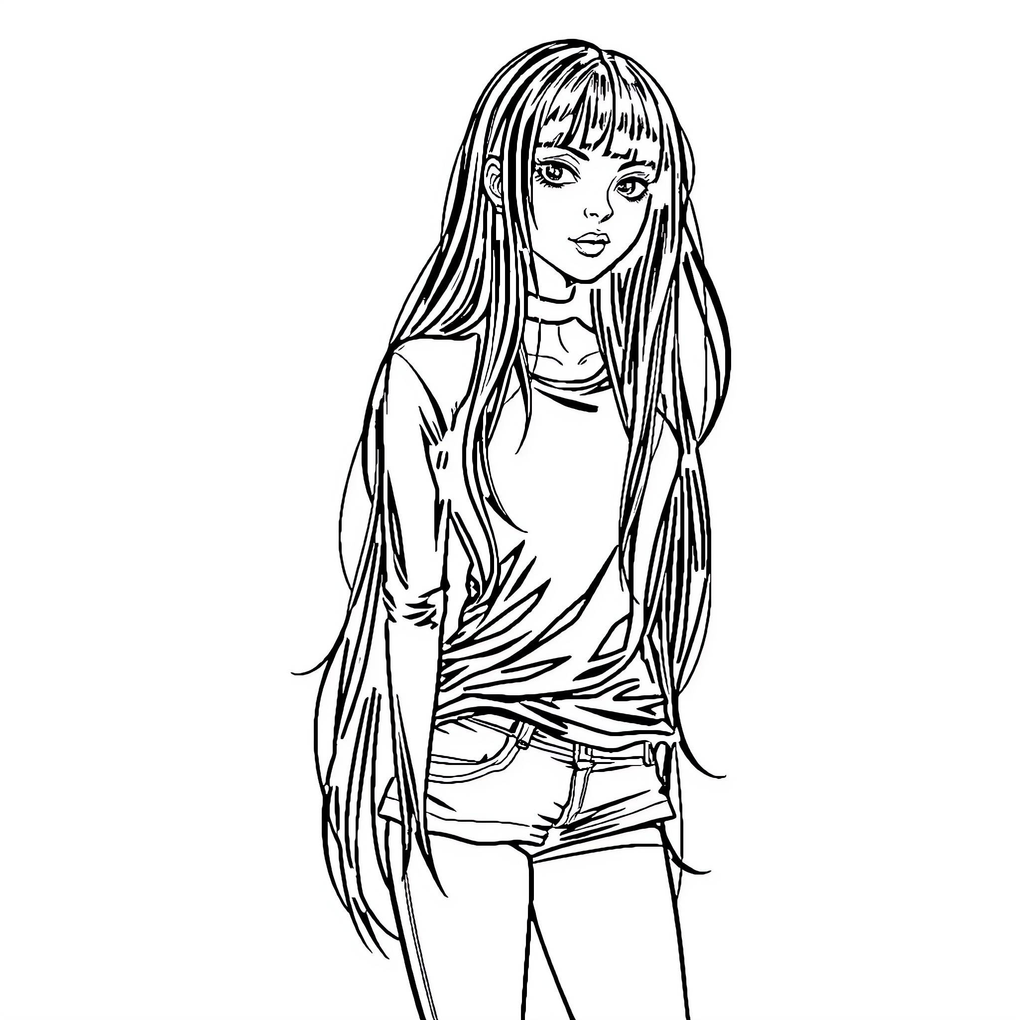 Goth Girl in Casual Outfit Coloring Page (free black-and-white line drawing printable PDF for all, from beginners to advanced learners, including children, teens, adults, and seniors)