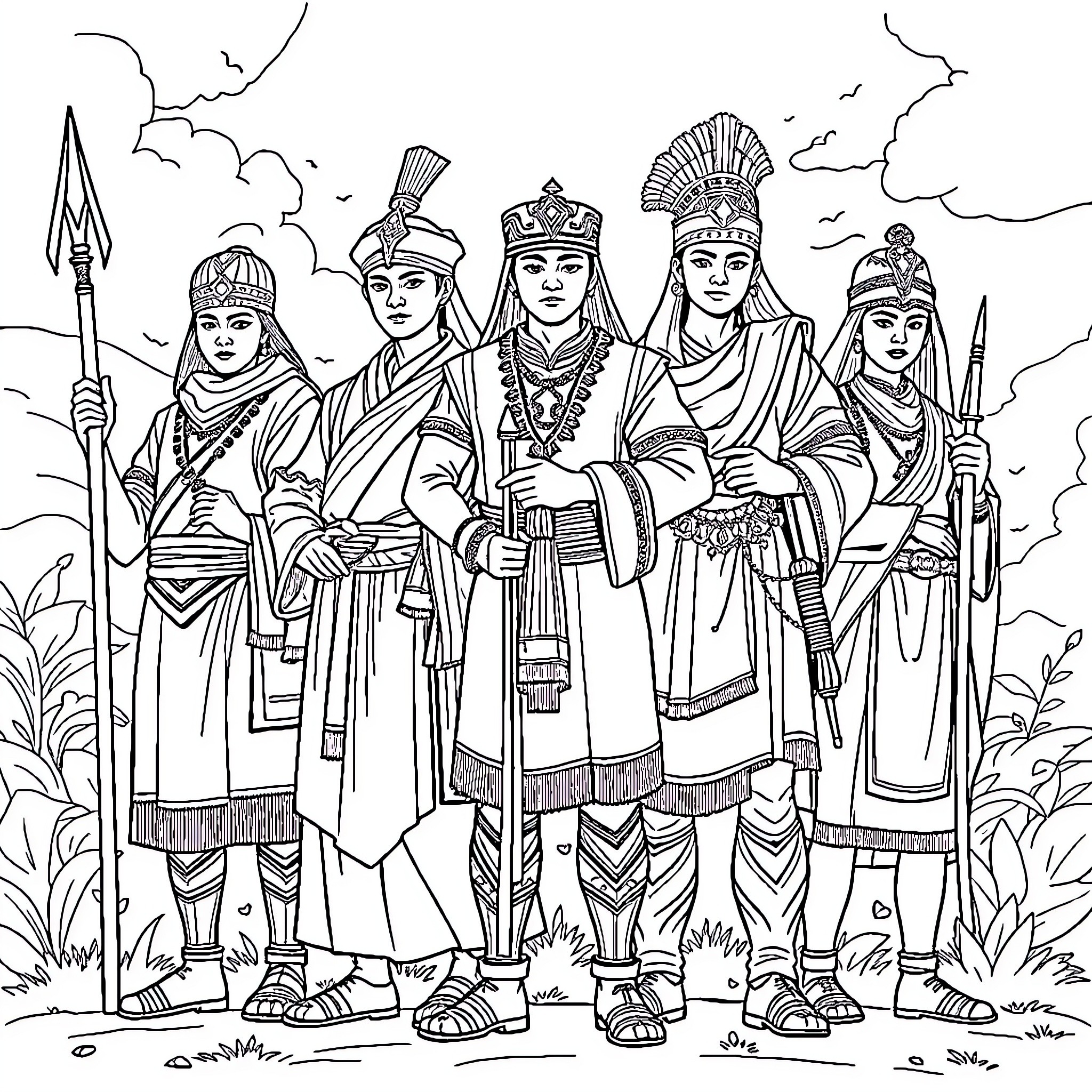 Hero Warriors in Ancient Armored Attire Coloring Page (free black-and-white line drawing printable PDF for all, from beginners to advanced learners, including children, teens, adults, and seniors)