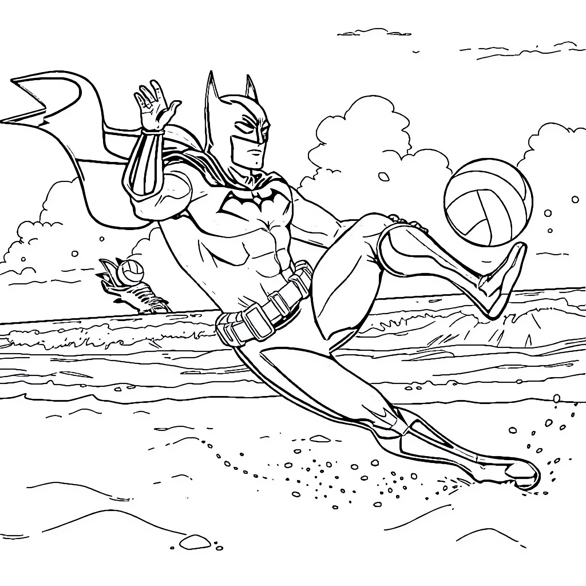 Batman surfing on the waves with his superhero gear Coloring Page (free black-and-white line drawing printable PDF for all, from beginners to advanced learners, including children, teens, adults, and seniors)