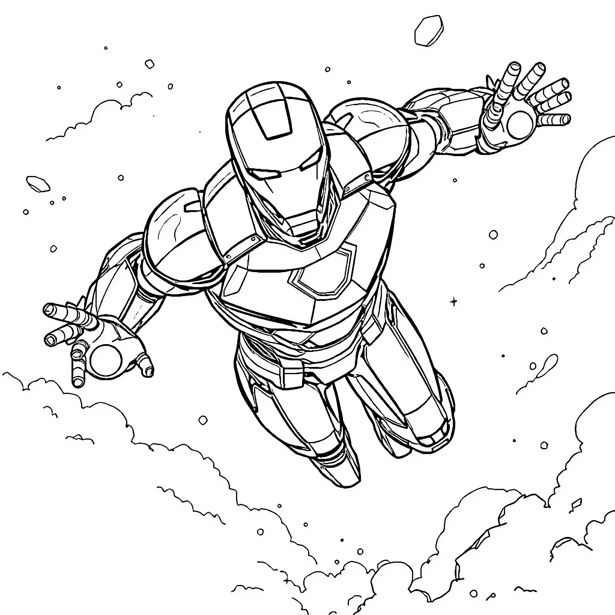 Ironman in action-packed aerial battle Coloring Page (free black-and-white line drawing printable PDF for all, from beginners to advanced learners, including children, teens, adults, and seniors)