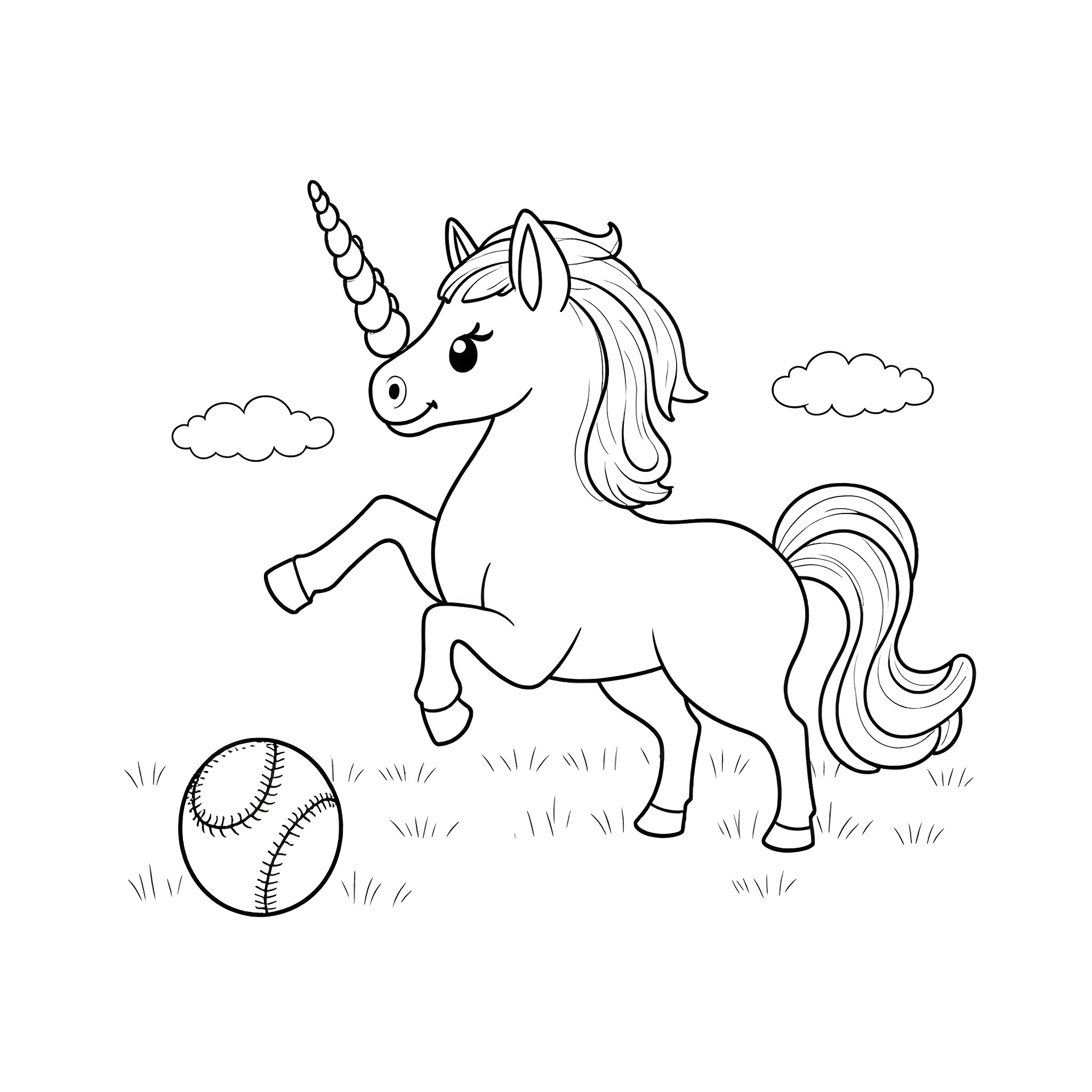 Unicorn playing with a baseball in the field Coloring Page (free black-and-white line drawing printable PDF for all, from beginners to advanced learners, including children, teens, adults, and seniors)