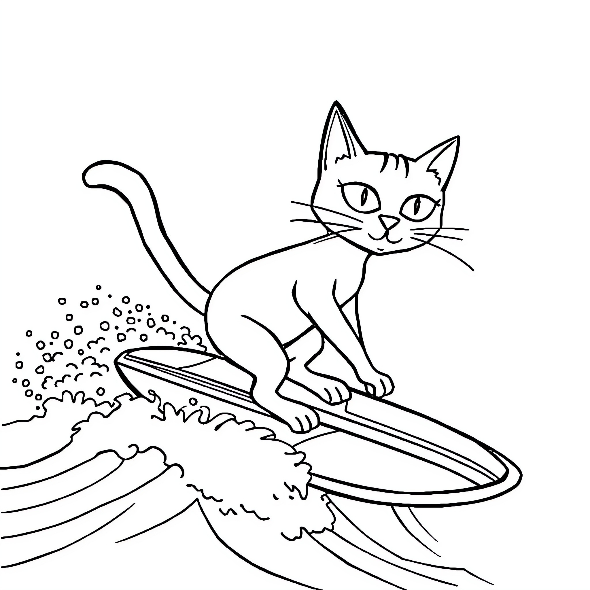 Pete the Cat Riding a Surfboard on Waves Coloring Page (free black-and-white line drawing printable PDF for all, from beginners to advanced learners, including children, teens, adults, and seniors)