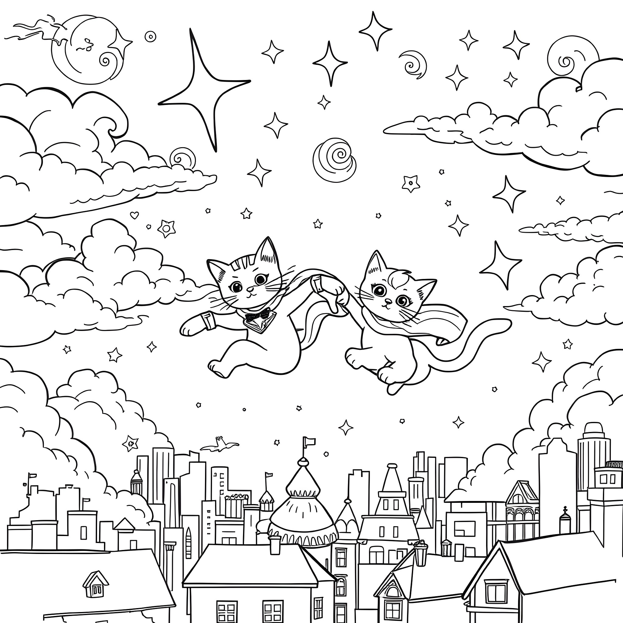 Ginny's Whimsical Adventure through the Starry Night Sky Coloring Page (free black-and-white line drawing printable PDF for all, from beginners to advanced learners, including children, teens, adults, and seniors)