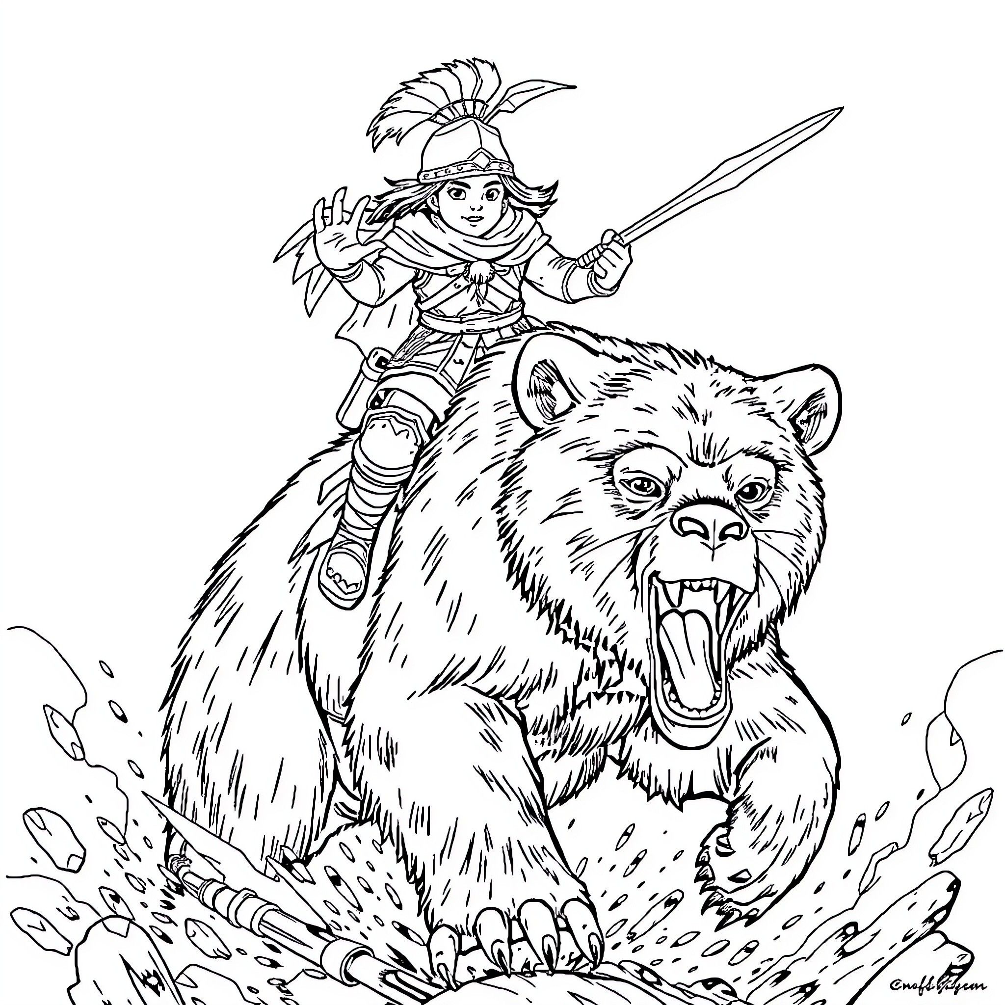 Warrior Riding Fierce Bear into Battle Coloring Page (free black-and-white line drawing printable PDF for all, from beginners to advanced learners, including children, teens, adults, and seniors)