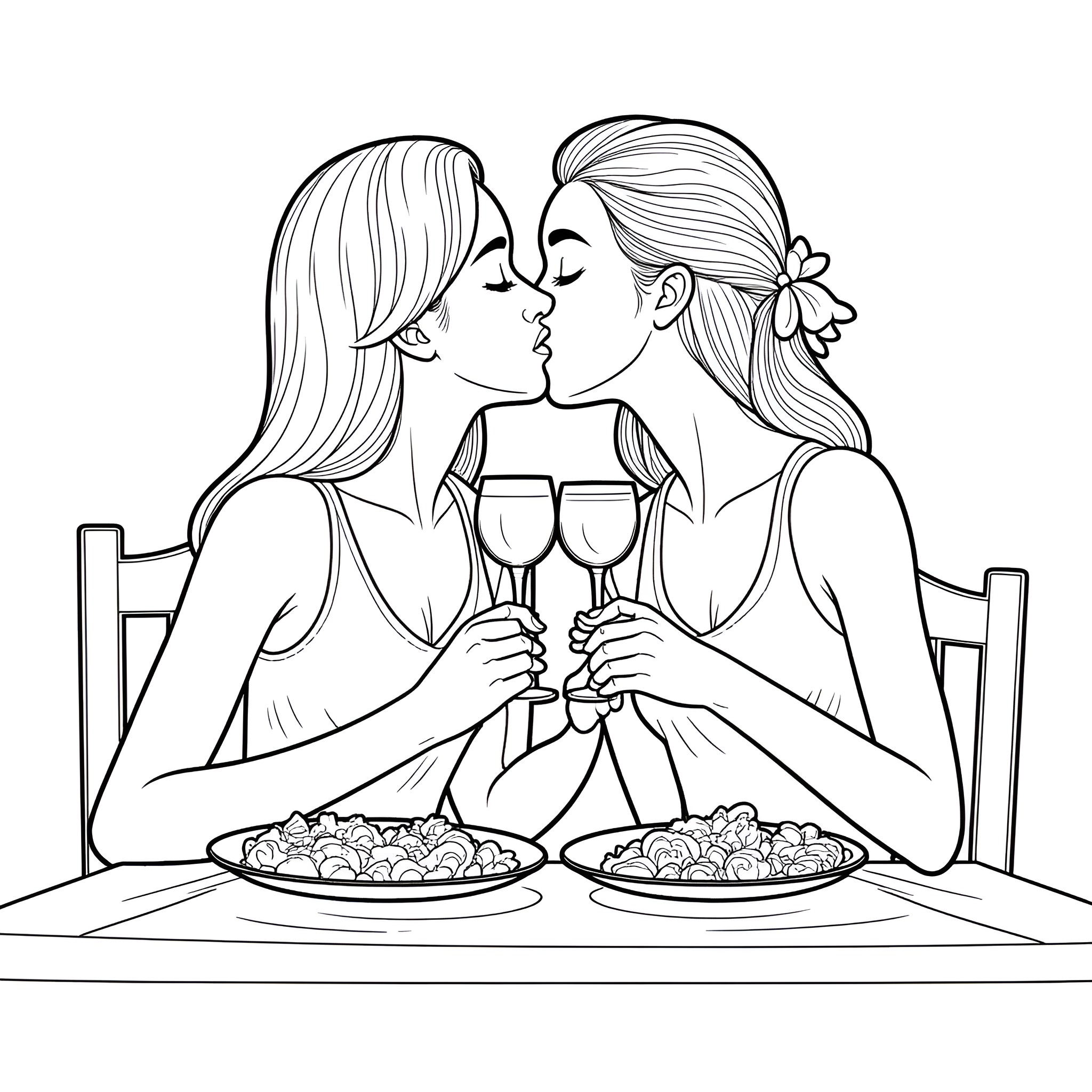 Female friends enjoying a meal together Coloring Page (free black-and-white line drawing printable PDF for all, from beginners to advanced learners, including children, teens, adults, and seniors)