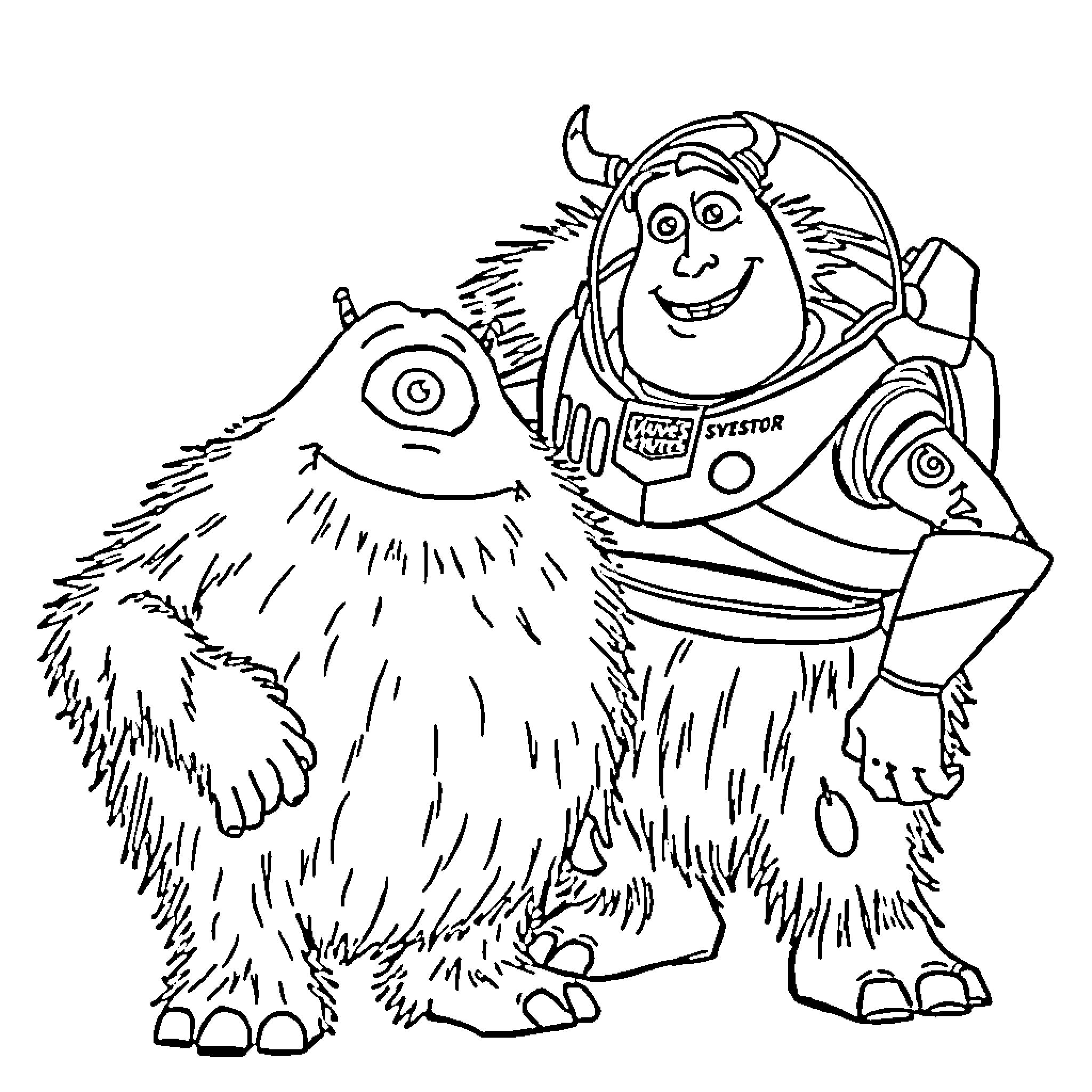 George Sanderson the Fuzzy Monster Explores Space in His Spacesuit Coloring Page (free black-and-white line drawing printable PDF for all, from beginners to advanced learners, including children, teens, adults, and seniors)