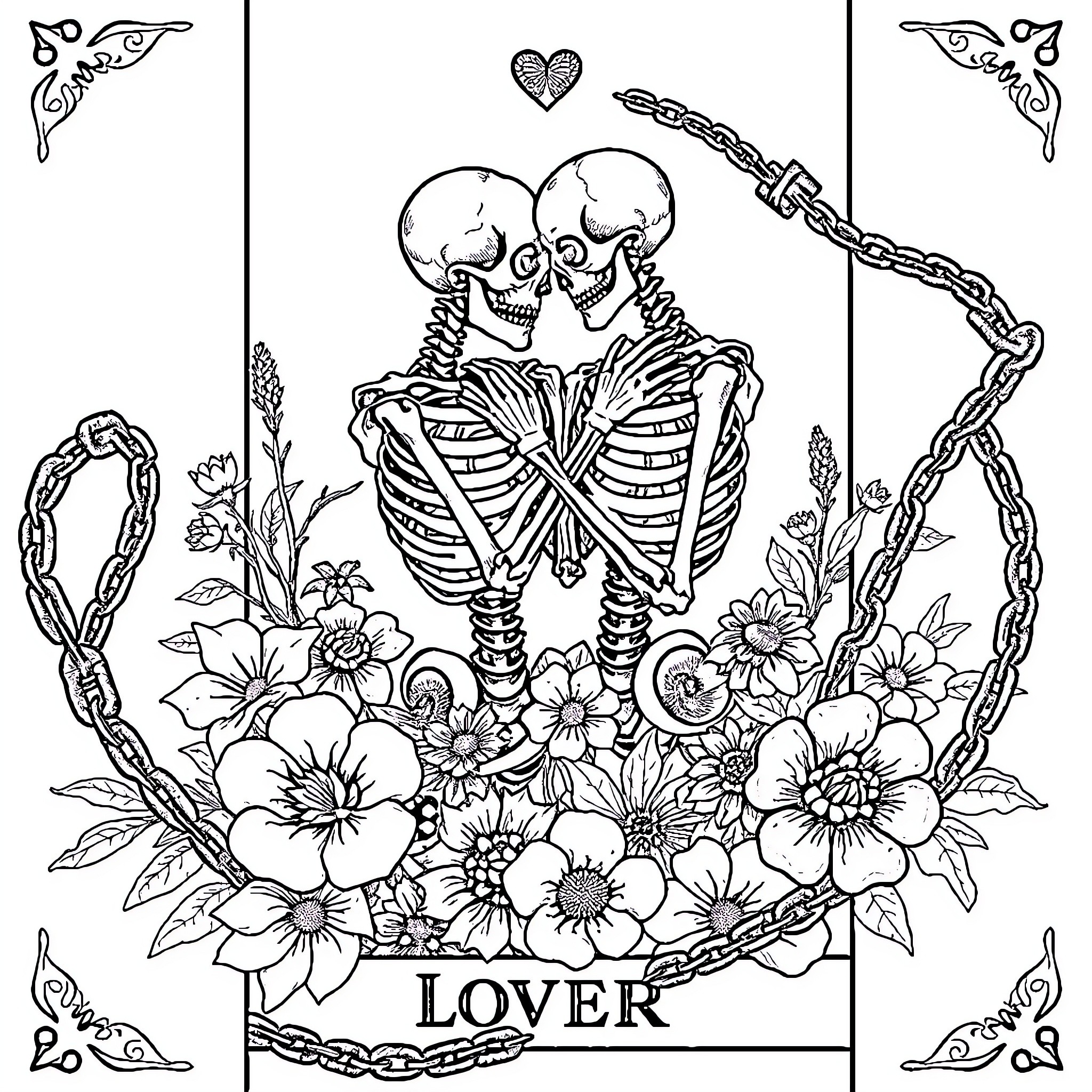 Tarot Lovers Skeletons Entwined with Floral Motifs Coloring Page (free black-and-white line drawing printable PDF for all, from beginners to advanced learners, including children, teens, adults, and seniors)