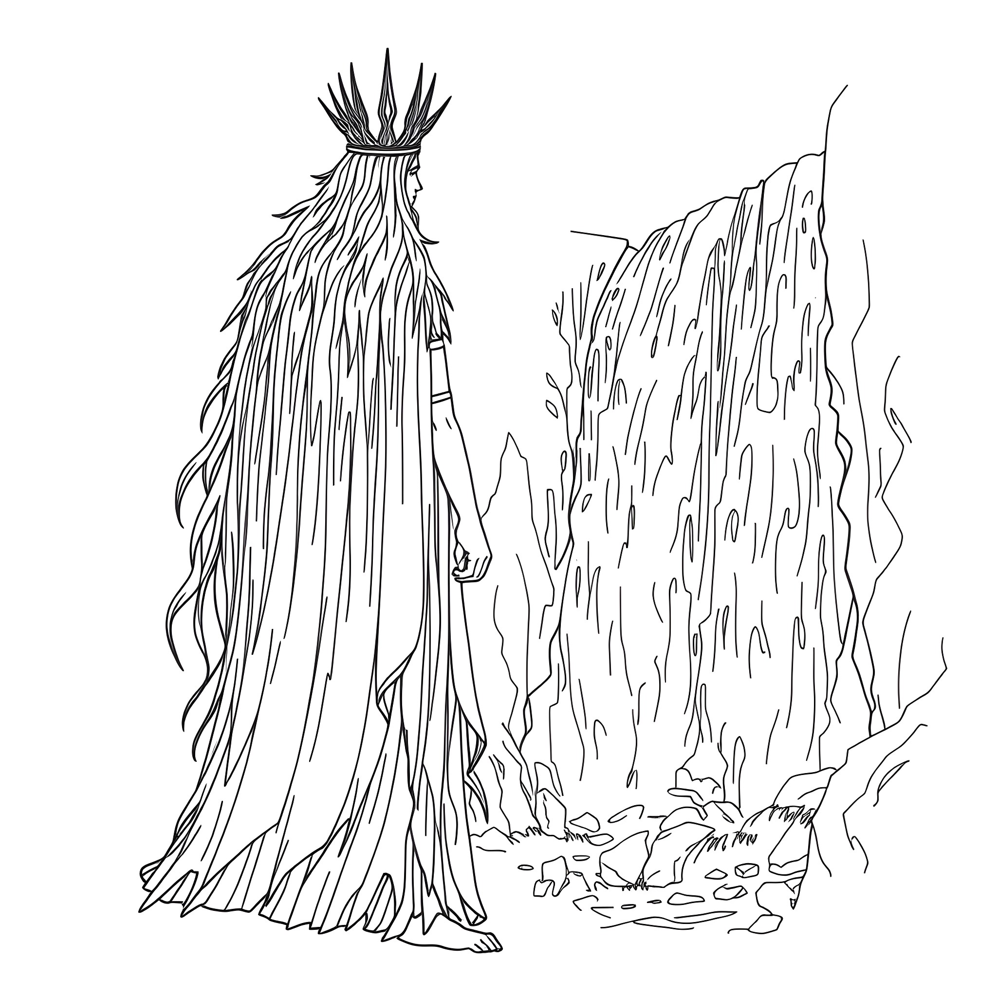 Spirit of the Wilderness Emerging from the Forest Coloring Page (free black-and-white line drawing printable PDF for all, from beginners to advanced learners, including children, teens, adults, and seniors)