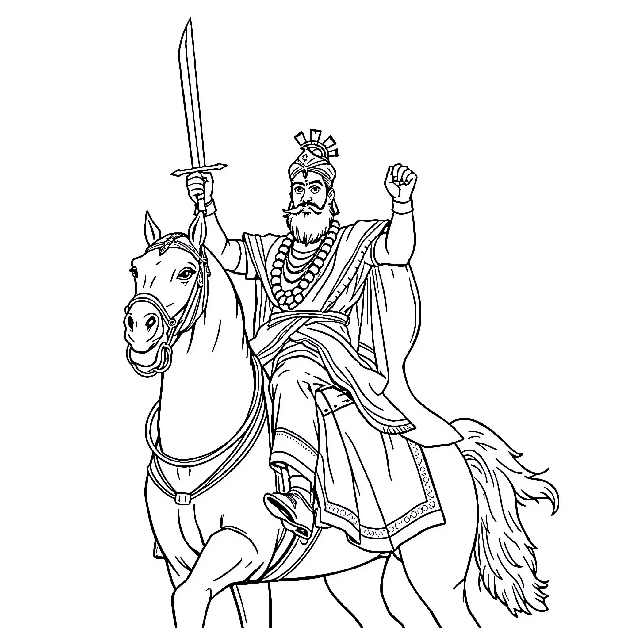 Shivaji Maharaj riding a horse with sword raised Coloring Page (free black-and-white line drawing printable PDF for all, from beginners to advanced learners, including children, teens, adults, and seniors)