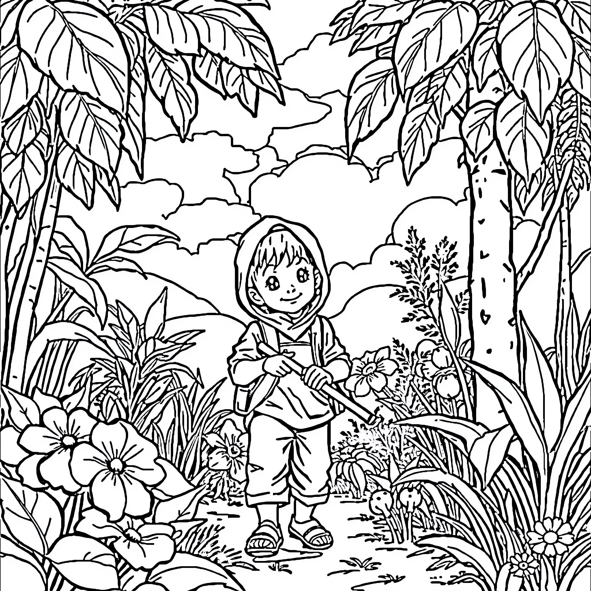 Anak exploring the lush forest Coloring Page (free black-and-white line drawing printable PDF for all, from beginners to advanced learners, including children, teens, adults, and seniors)