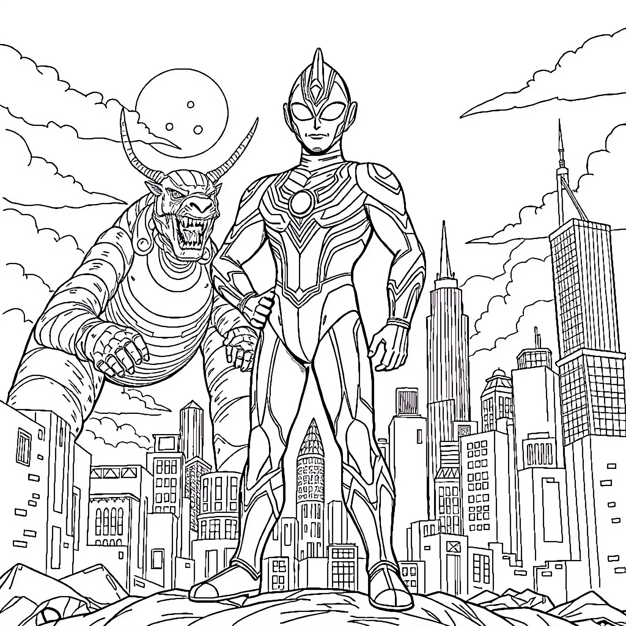 Ultraman Battles Mighty Monster in Futuristic City Coloring Page (free black-and-white line drawing printable PDF for all, from beginners to advanced learners, including children, teens, adults, and seniors)