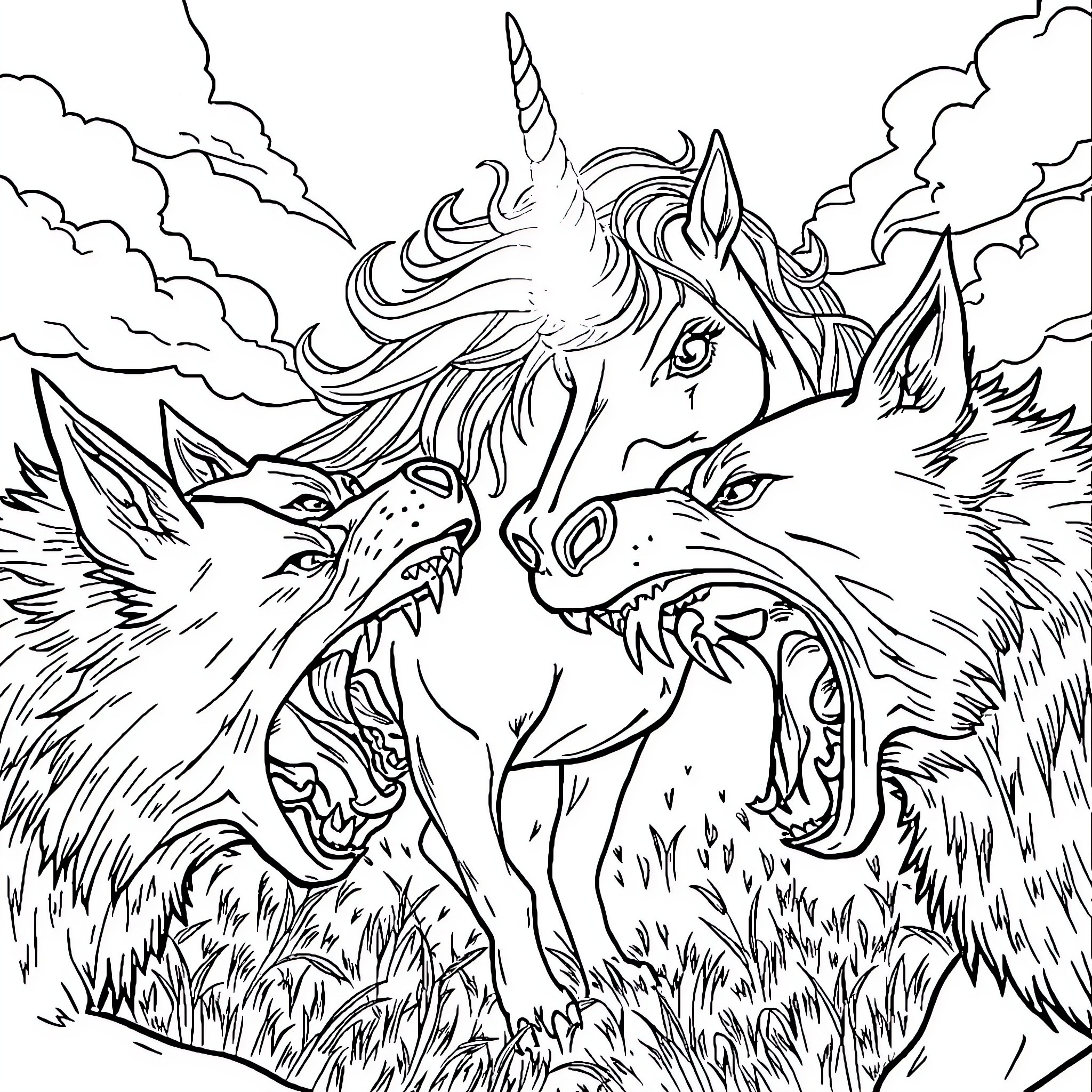 Dog unicorn protects pack from fierce wolves Coloring Page (free black-and-white line drawing printable PDF for all, from beginners to advanced learners, including children, teens, adults, and seniors)