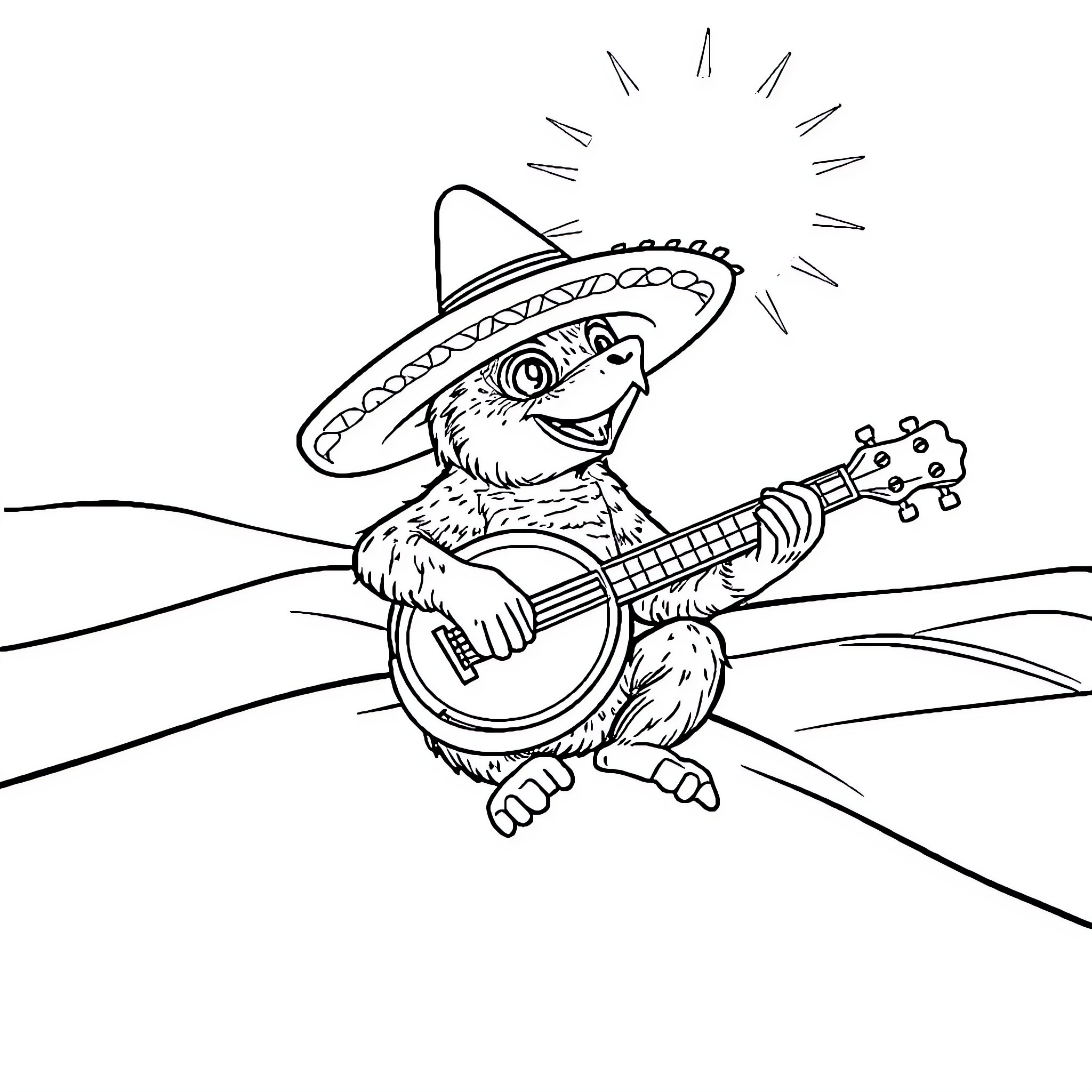 Parrot playing guitar in sombrero Coloring Page (free black-and-white line drawing printable PDF for all, from beginners to advanced learners, including children, teens, adults, and seniors)