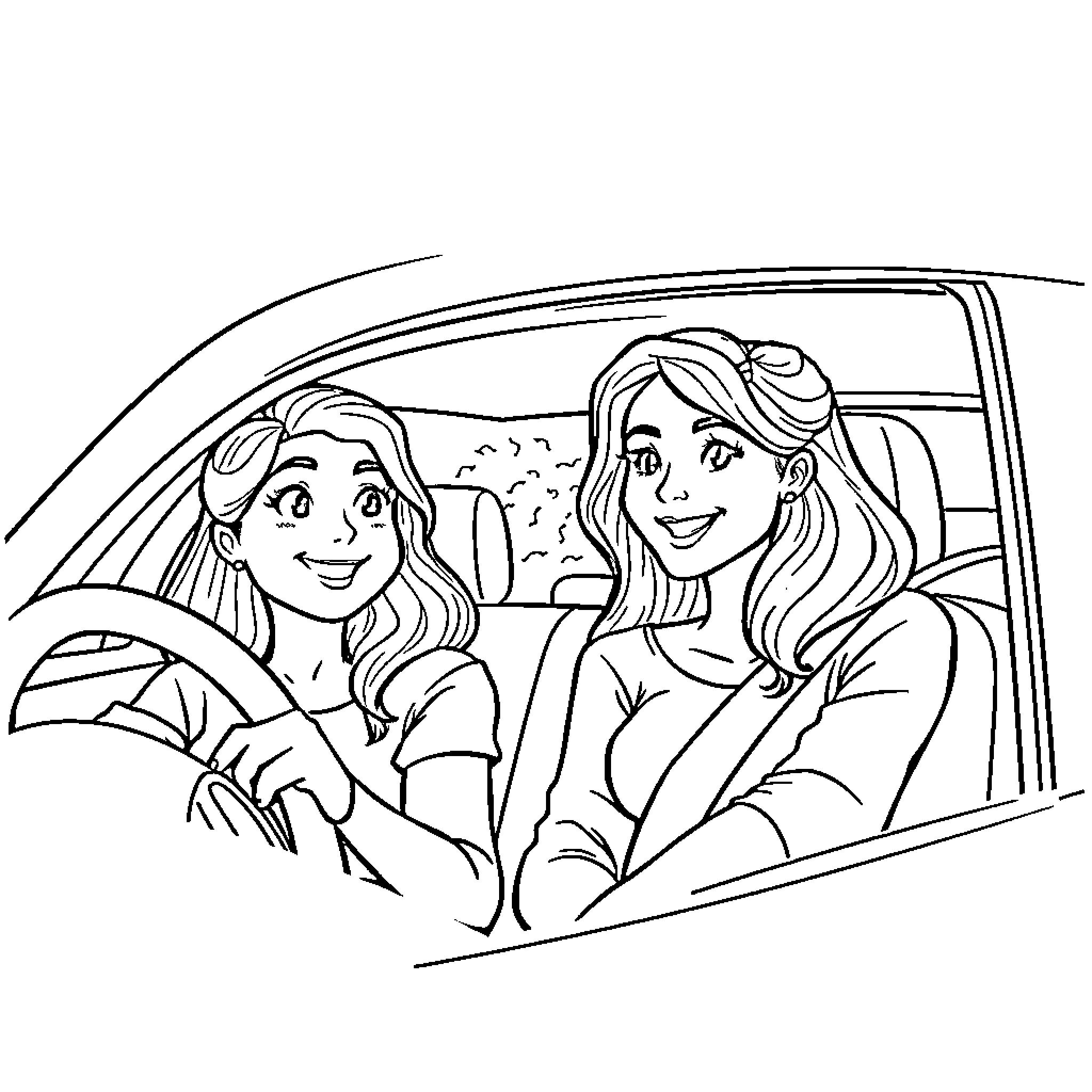Mom and Daughter Happily Driving Together Coloring Page (free black-and-white line drawing printable PDF for all, from beginners to advanced learners, including children, teens, adults, and seniors)
