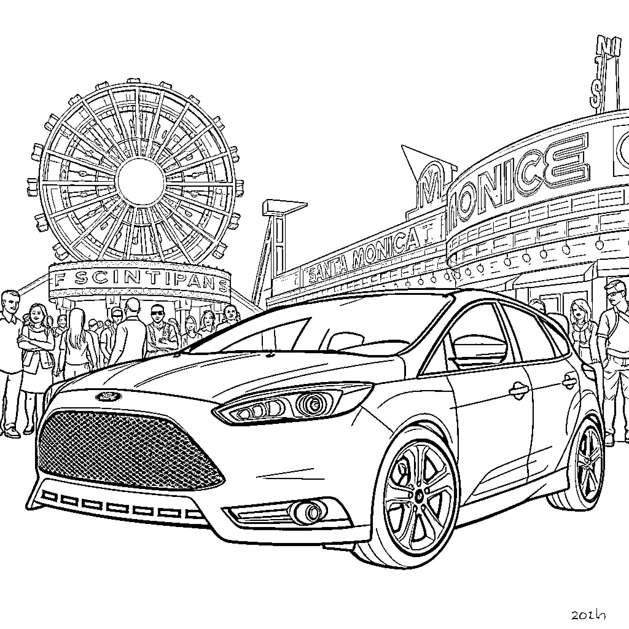 Ford sports car at the theme park carnival Coloring Page (free black-and-white line drawing printable PDF for all, from beginners to advanced learners, including children, teens, adults, and seniors)