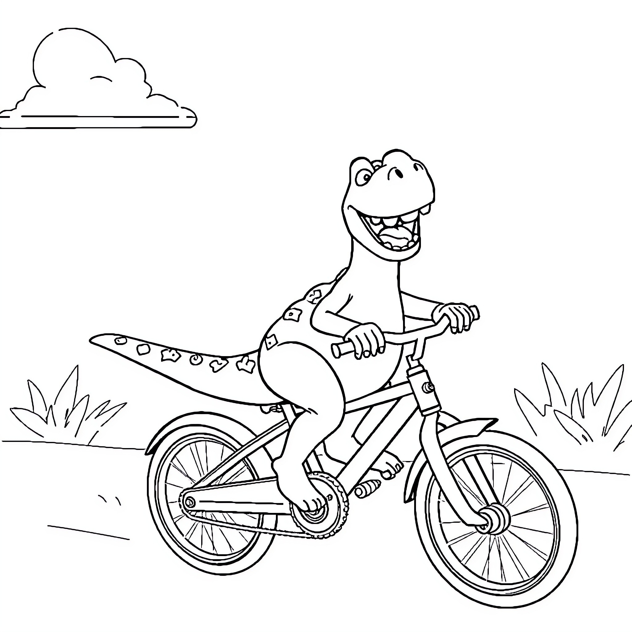 Rex's Joyful Bicycle Ride Coloring Page (free black-and-white line drawing printable PDF for all, from beginners to advanced learners, including children, teens, adults, and seniors)