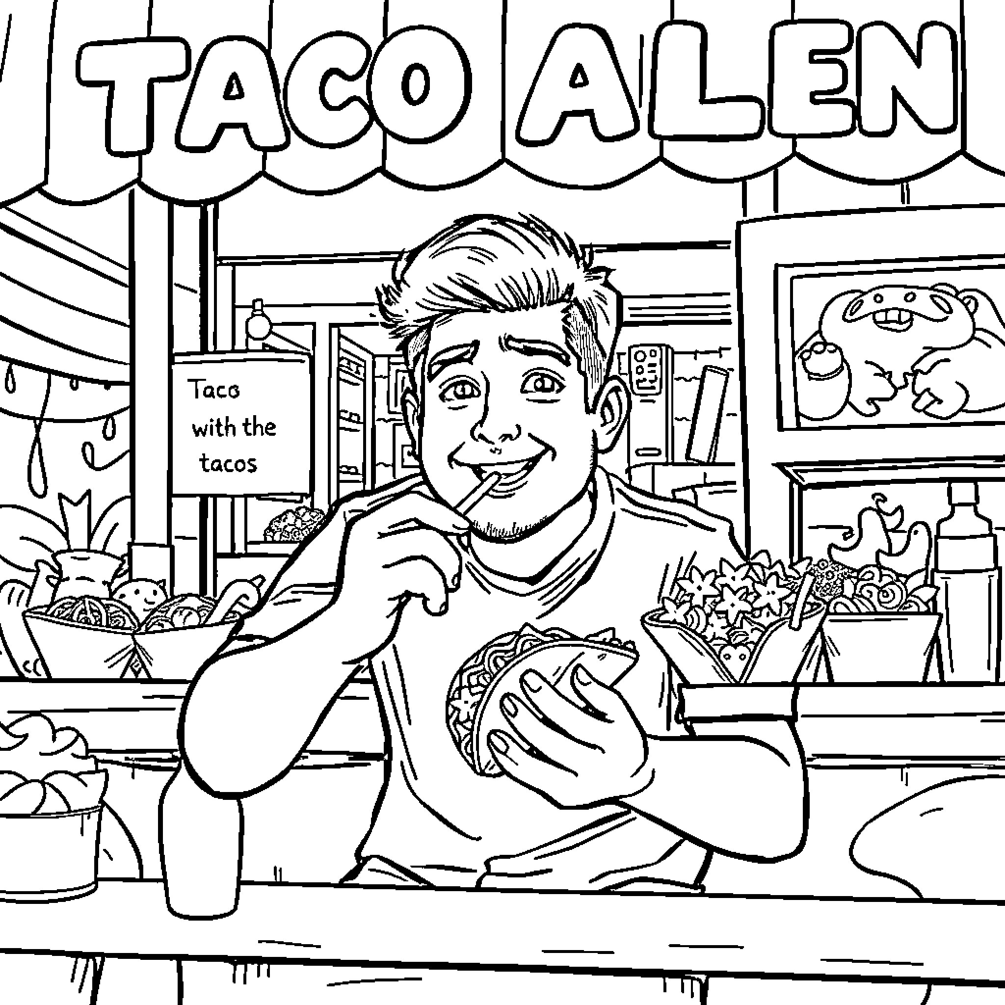 Josh Allen at the Taco Allen Taco Shop Coloring Page (free black-and-white line drawing printable PDF for all, from beginners to advanced learners, including children, teens, adults, and seniors)