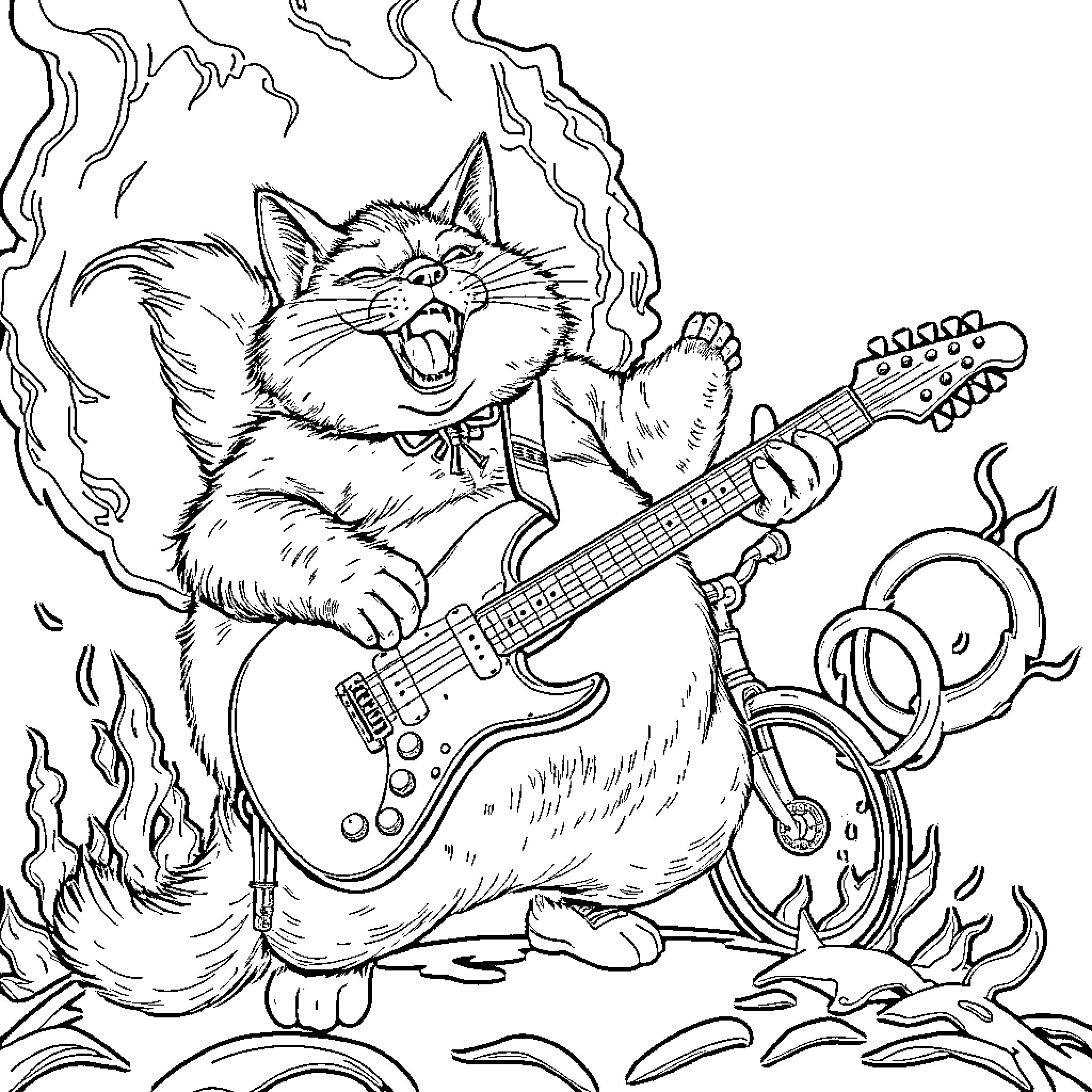Cat Rocking Out with Guitar Coloring Page (free black-and-white line drawing printable PDF for all, from beginners to advanced learners, including children, teens, adults, and seniors)