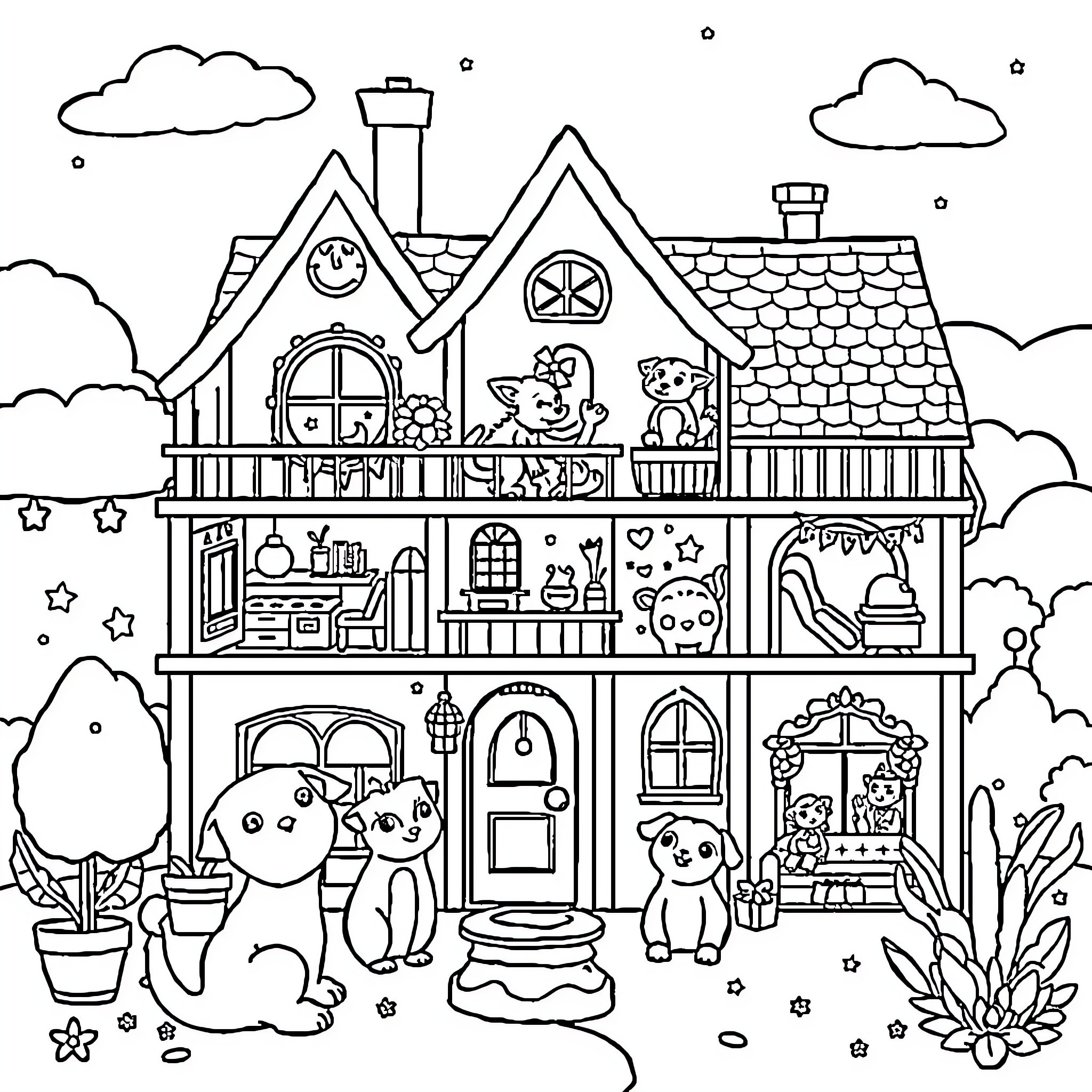 Gabby's Dollhouse with Adorable Feline Friends Coloring Page (free black-and-white line drawing printable PDF for all, from beginners to advanced learners, including children, teens, adults, and seniors)