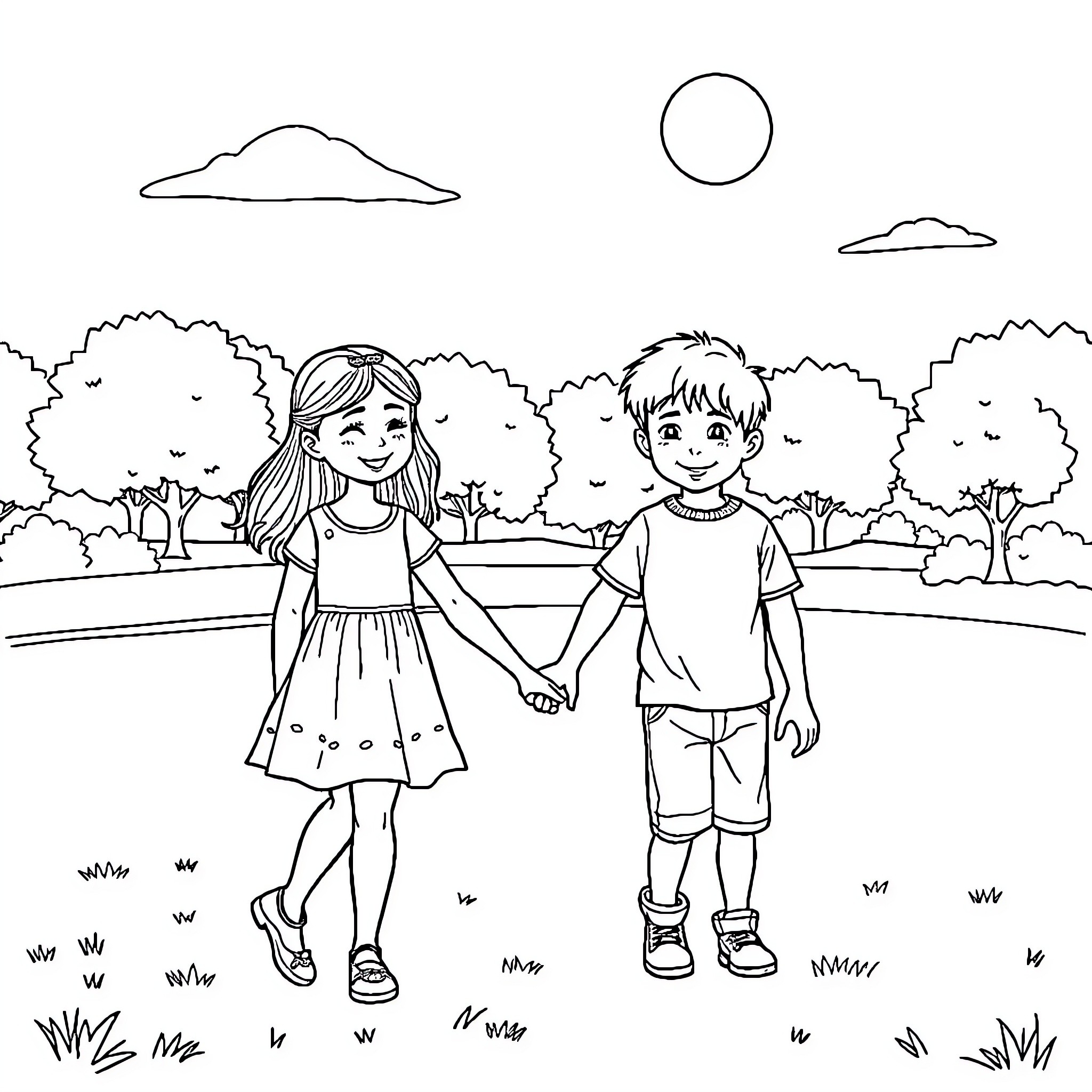 Girl and Boy Holding Hands in Outdoor Park Coloring Page (free black-and-white line drawing printable PDF for all, from beginners to advanced learners, including children, teens, adults, and seniors)