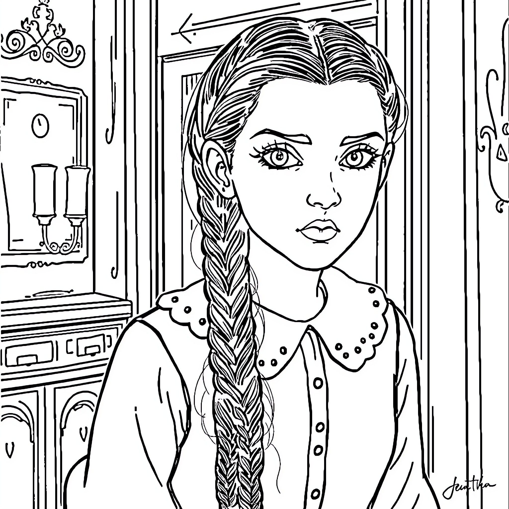 Mercredi Addams in thoughtful expression with braided hairstyle Coloring Page (free black-and-white line drawing printable PDF for all, from beginners to advanced learners, including children, teens, adults, and seniors)