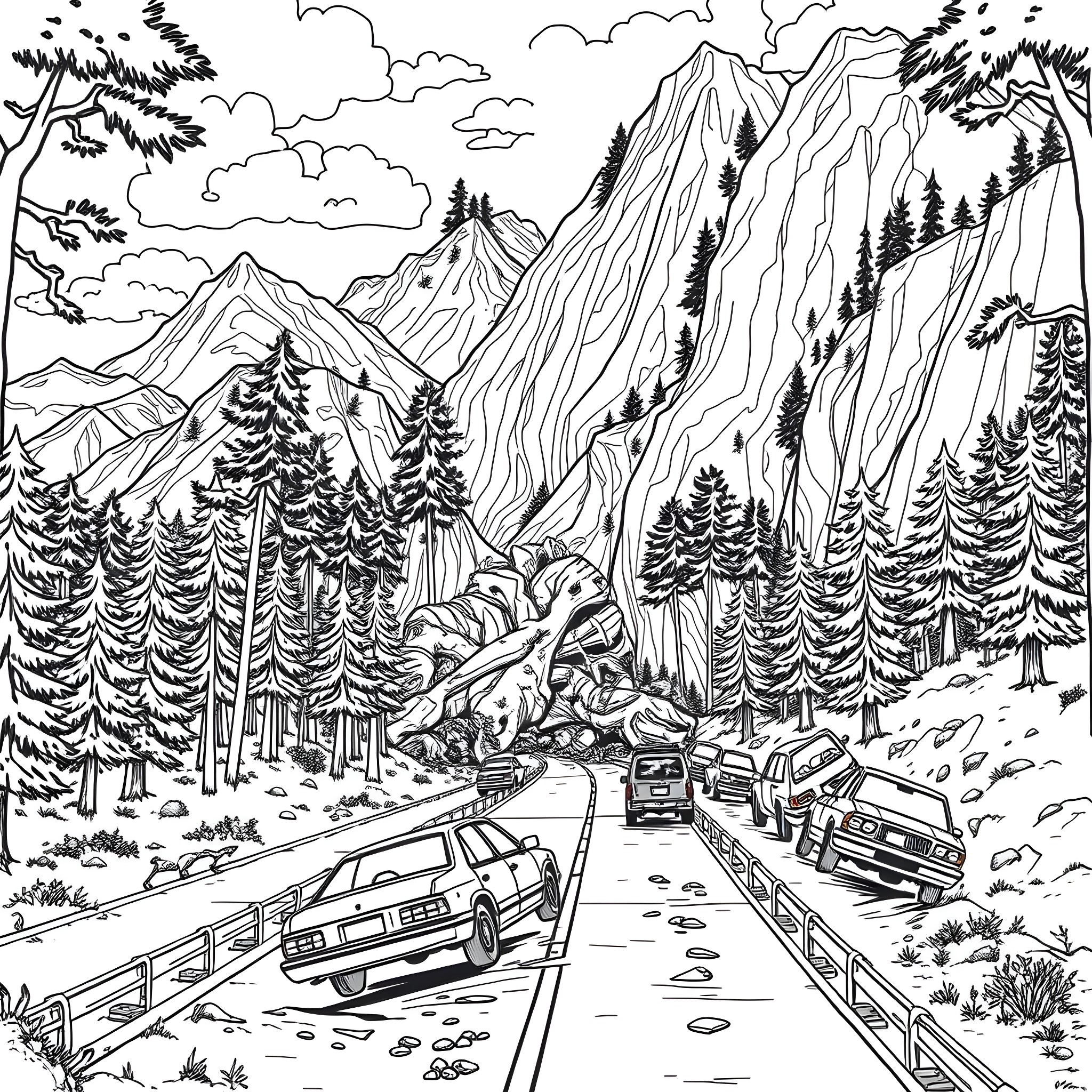 Tree-lined winding road leading through rugged mountain landscape Coloring Page (free black-and-white line drawing printable PDF for all, from beginners to advanced learners, including children, teens, adults, and seniors)