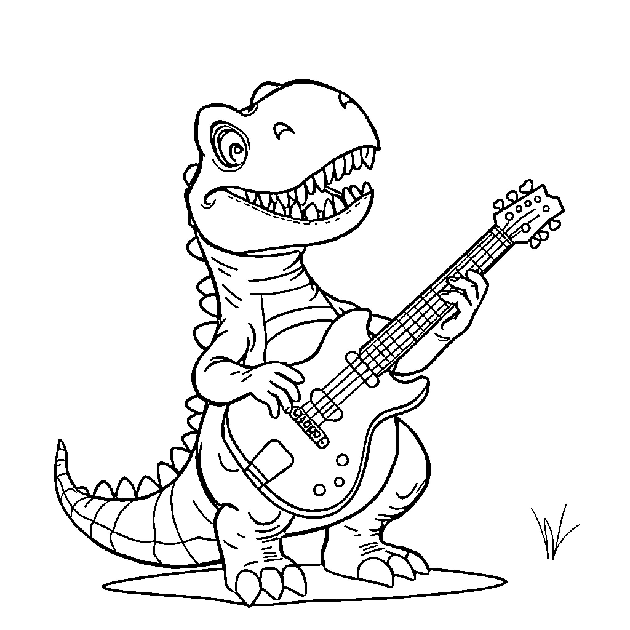 Dinosaur playing electric guitar on stage Coloring Page (free black-and-white line drawing printable PDF for all, from beginners to advanced learners, including children, teens, adults, and seniors)