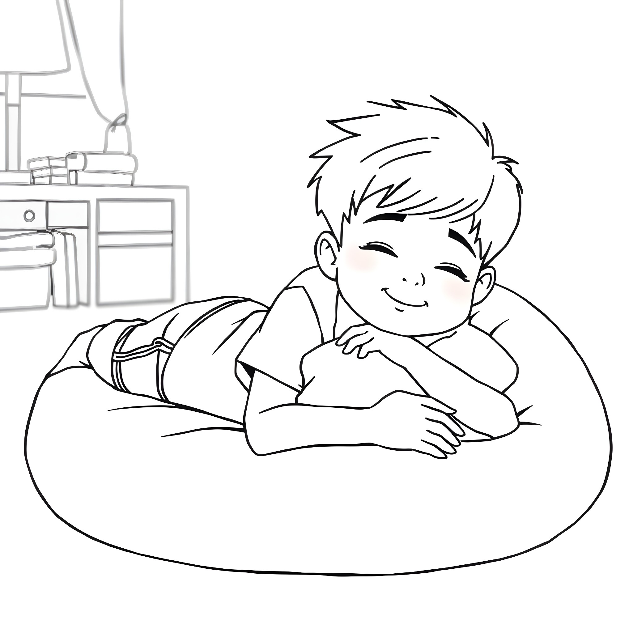 Boy relaxing happily on a cozy beanbag chair Coloring Page (free black-and-white line drawing printable PDF for all, from beginners to advanced learners, including children, teens, adults, and seniors)