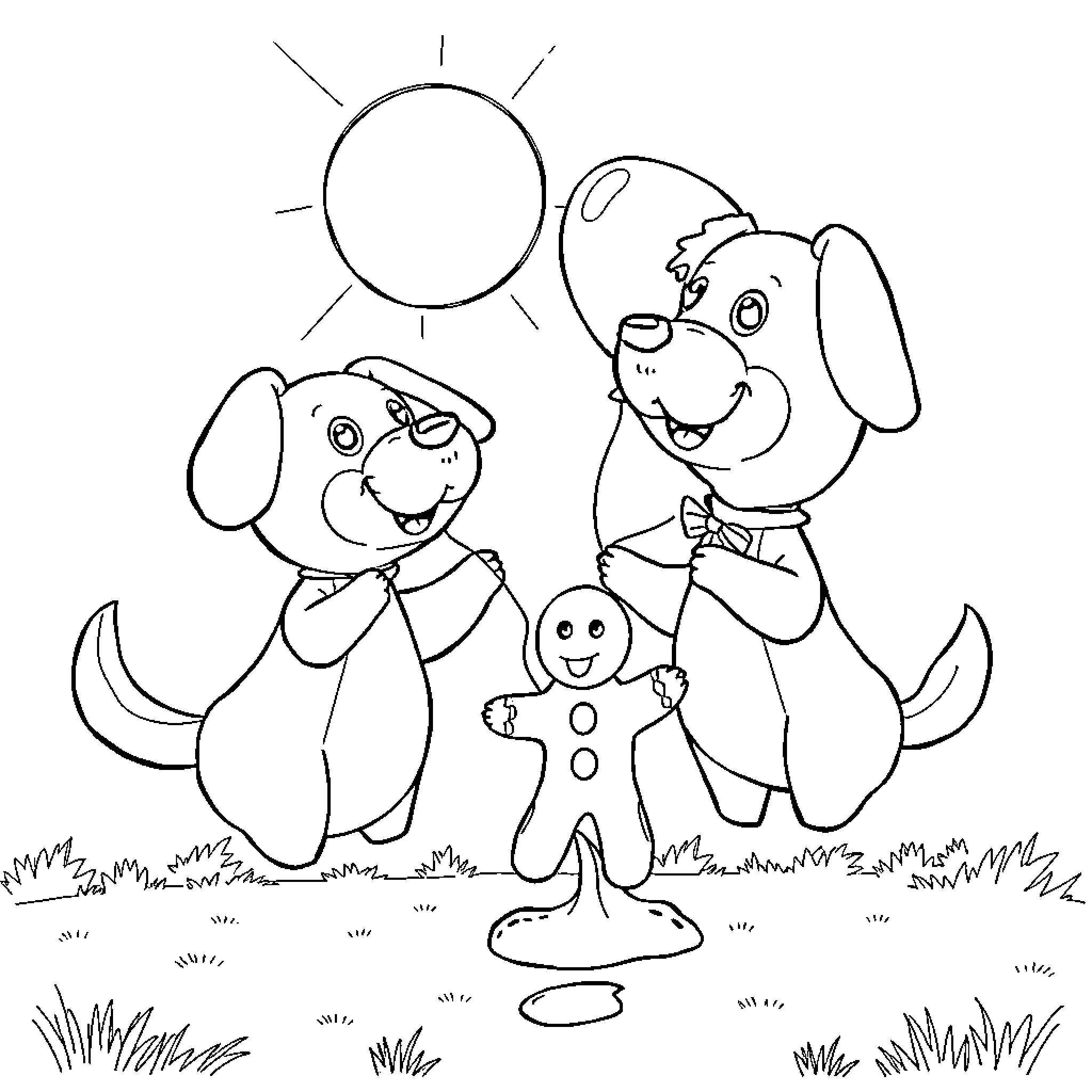 Balloon Pets and Gingerbread Figure in Grassy Field Coloring Page (free black-and-white line drawing printable PDF for all, from beginners to advanced learners, including children, teens, adults, and seniors)